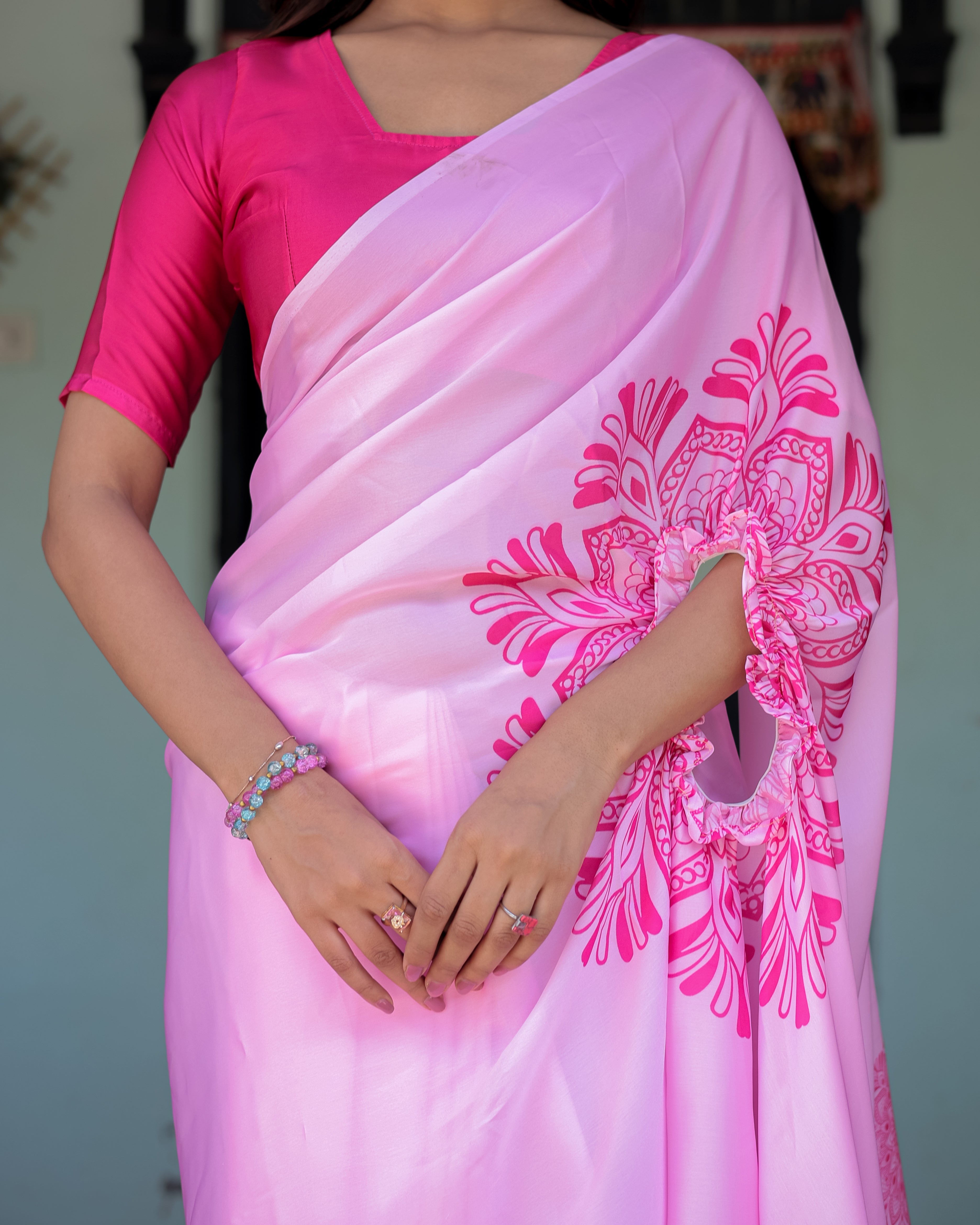 Elegant Baby Pink Satin Feel Saree with Mandala Print & Hot Pink Blouse – Designer Partywear Saree with Attached Blouse Piece