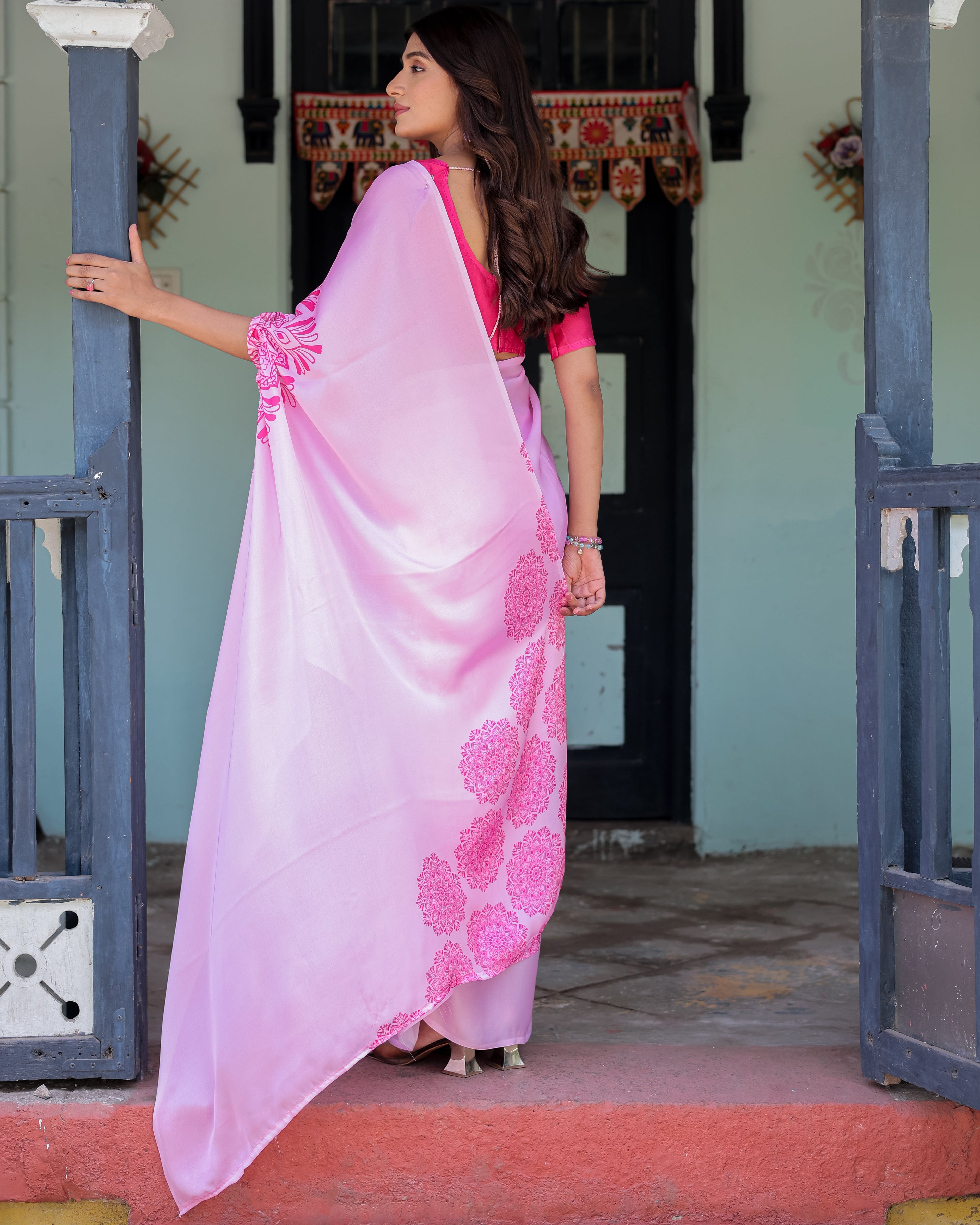 Elegant Baby Pink Satin Feel Saree with Mandala Print & Hot Pink Blouse – Designer Partywear Saree with Attached Blouse Piece