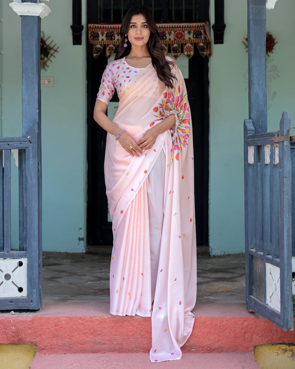 Peach Pink Satin Georgette Designer Saree with Tulip Mandala Artwork & Printed Blouse | Handsfree Pallu Loop