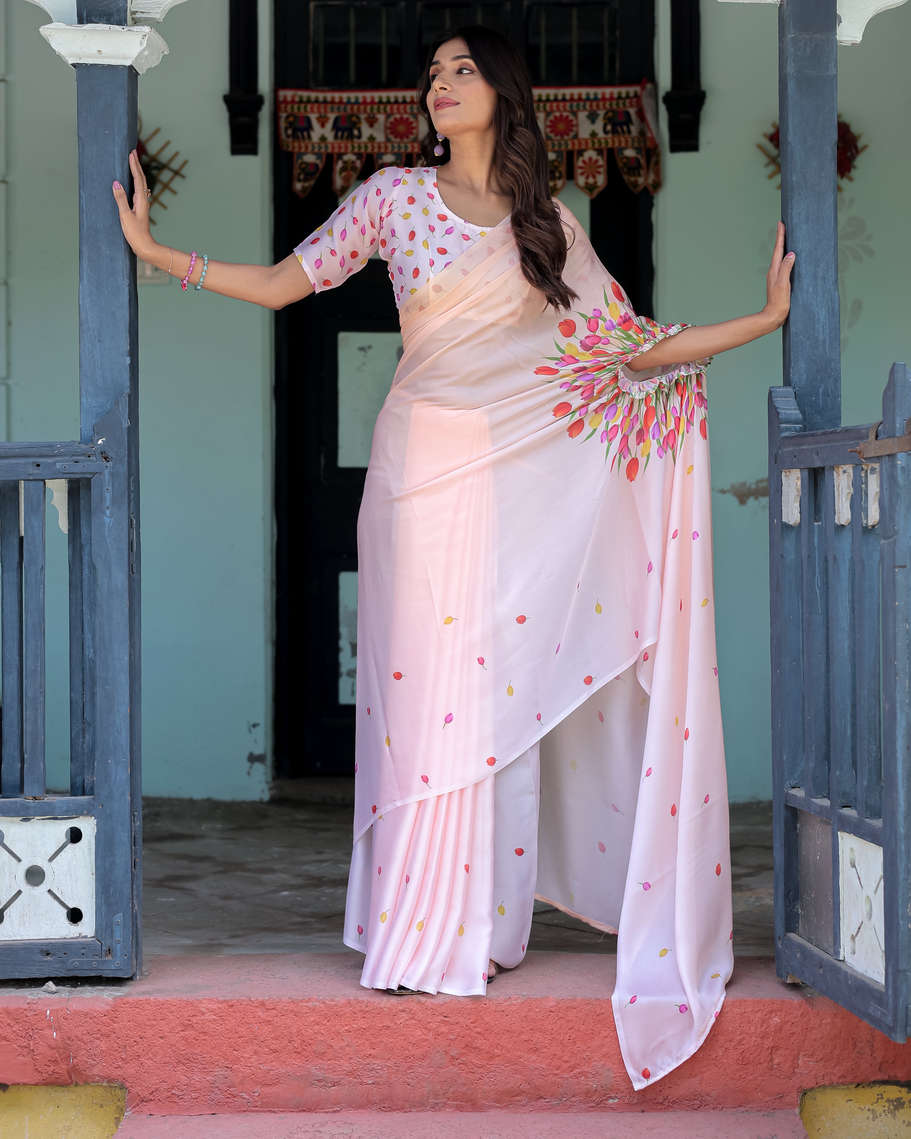 Peach Pink Satin Georgette Designer Saree with Tulip Mandala Artwork & Printed Blouse | Handsfree Pallu Loop