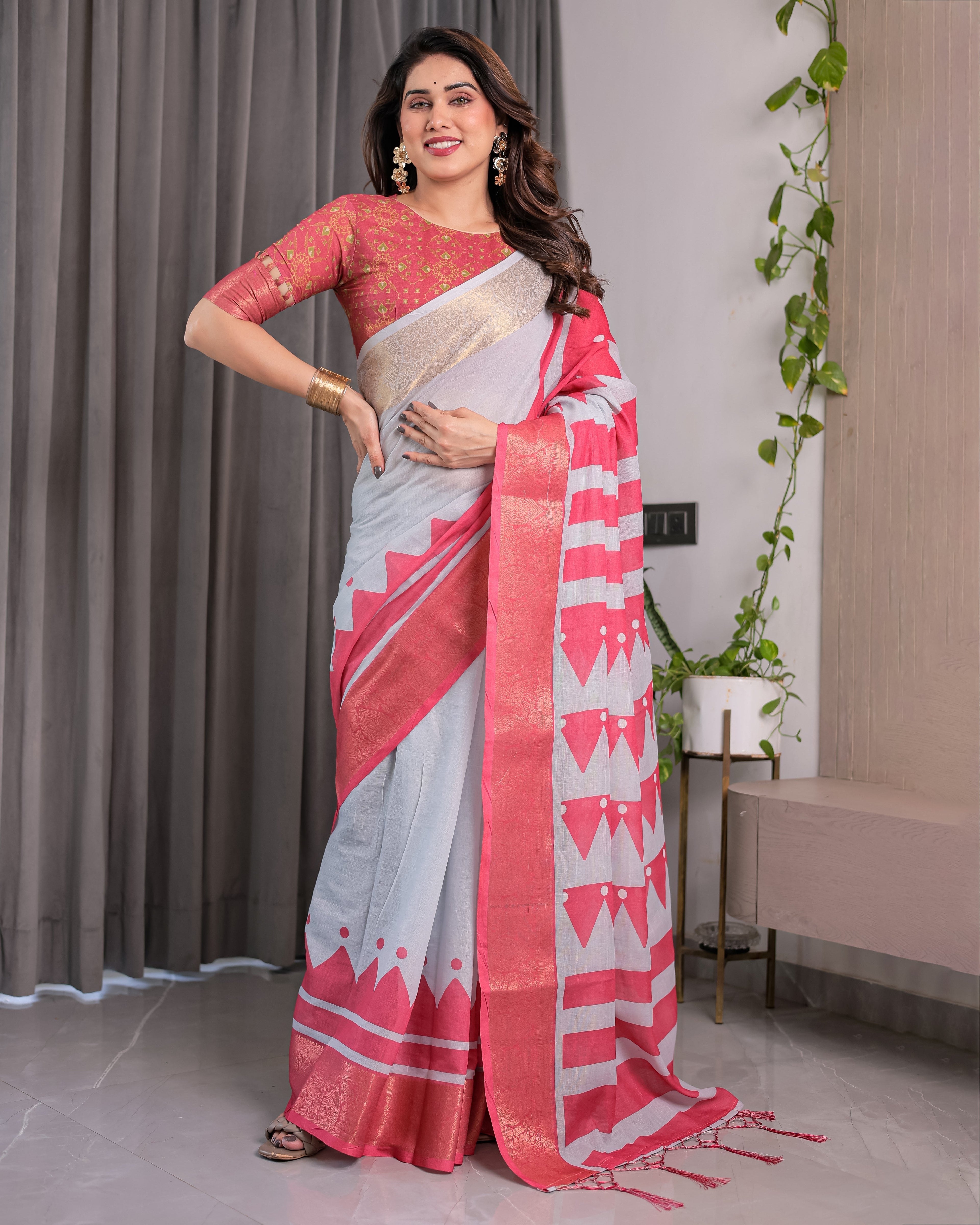 White & Pink Handloom Linen Saree with Geometric Flag Print & Gold Zari Border | Festive Tassel Detailing | Attached Blouse | 5.5m Saree + 0.8m Blouse