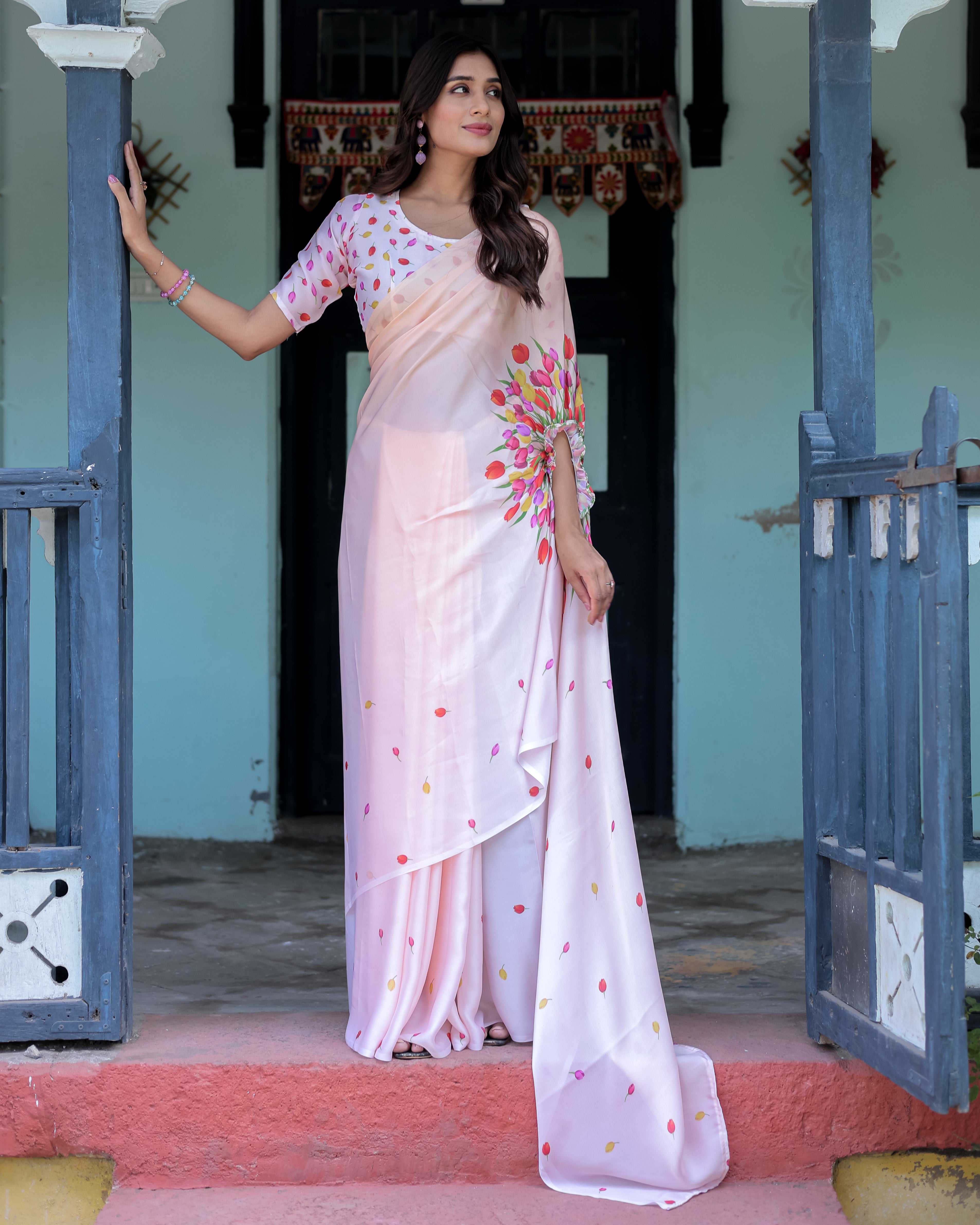 Peach Pink Satin Georgette Designer Saree with Tulip Mandala Artwork & Printed Blouse | Handsfree Pallu Loop