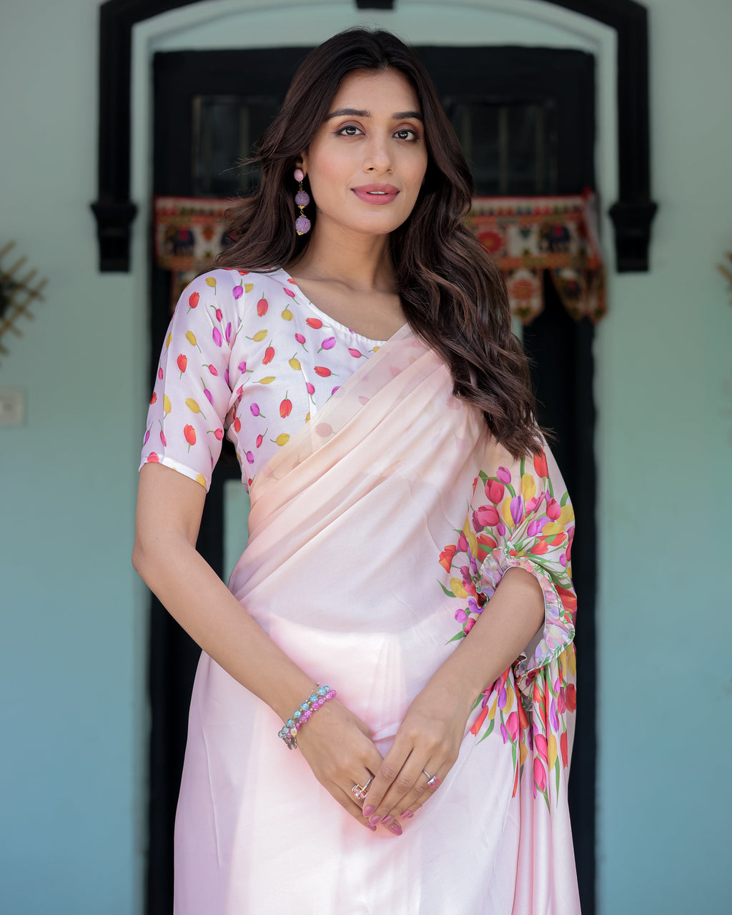 Peach Pink Satin Georgette Designer Saree with Tulip Mandala Artwork & Printed Blouse | Handsfree Pallu Loop