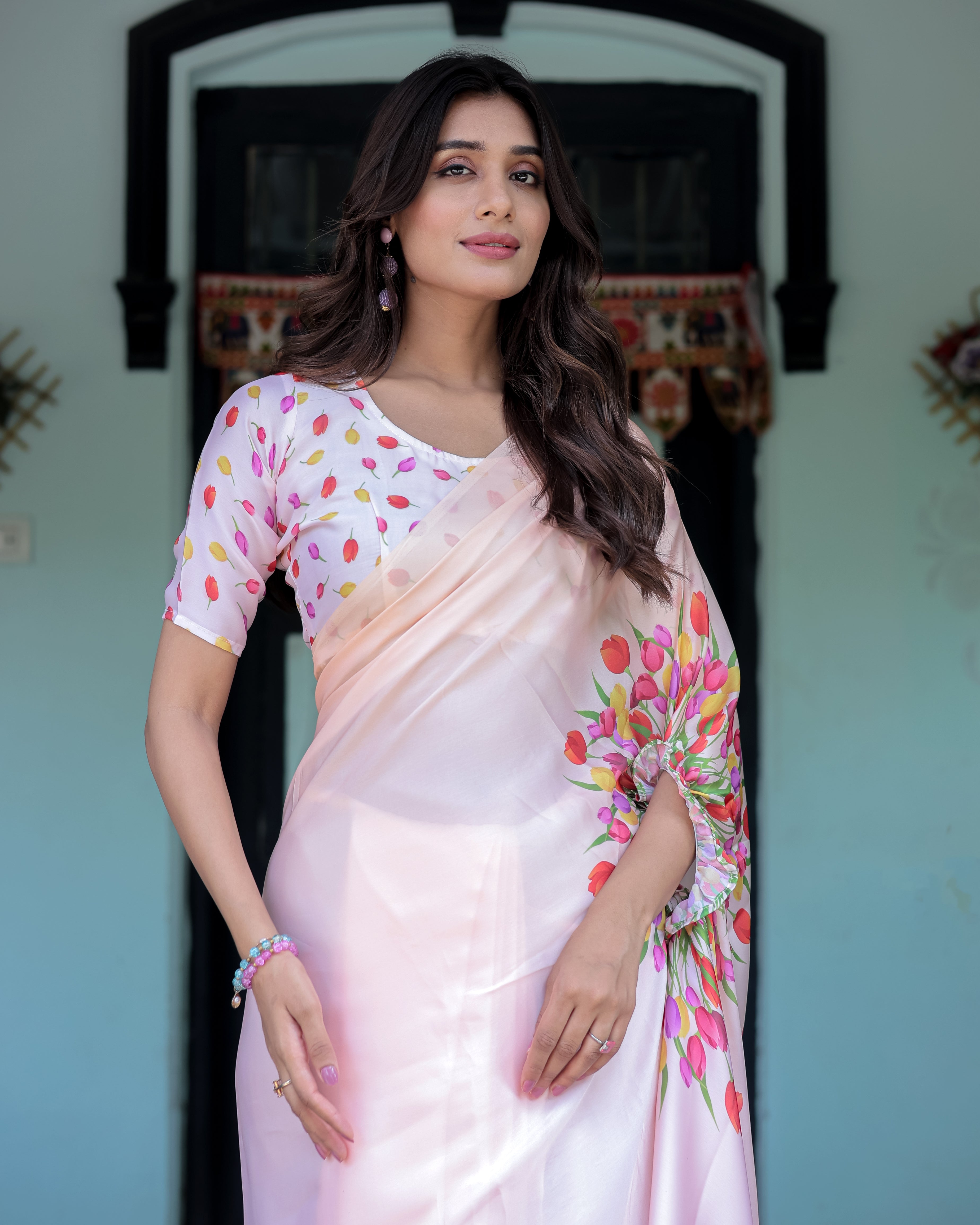 Peach Pink Satin Georgette Designer Saree with Tulip Mandala Artwork & Printed Blouse | Handsfree Pallu Loop