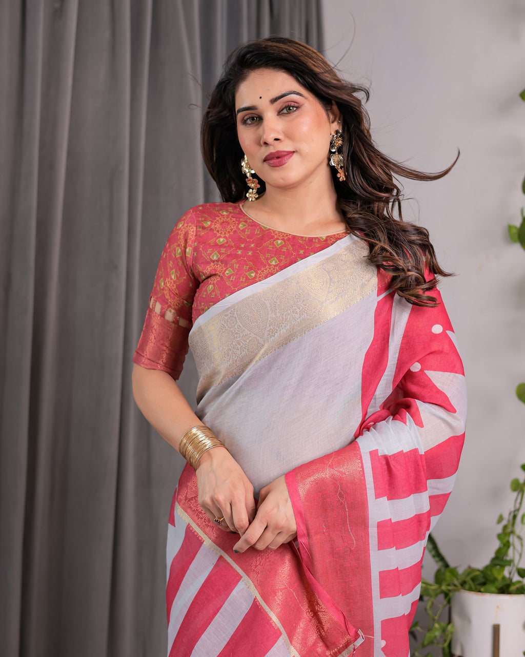 White & Pink Handloom Linen Saree with Geometric Flag Print & Gold Zari Border | Festive Tassel Detailing | Attached Blouse | 5.5m Saree + 0.8m Blouse
