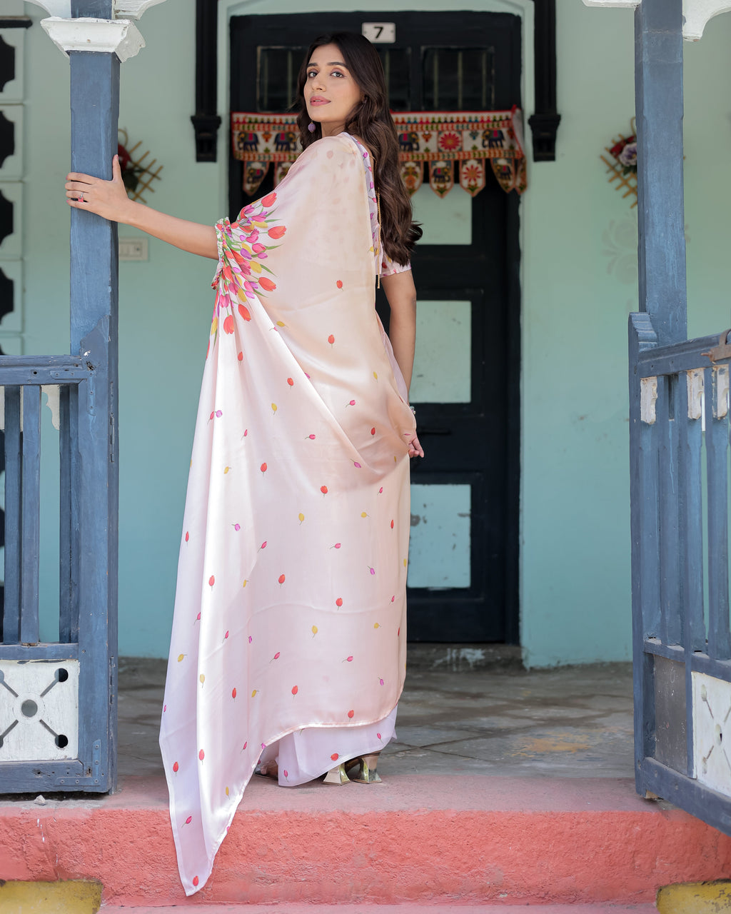 Peach Pink Satin Georgette Designer Saree with Tulip Mandala Artwork & Printed Blouse | Handsfree Pallu Loop