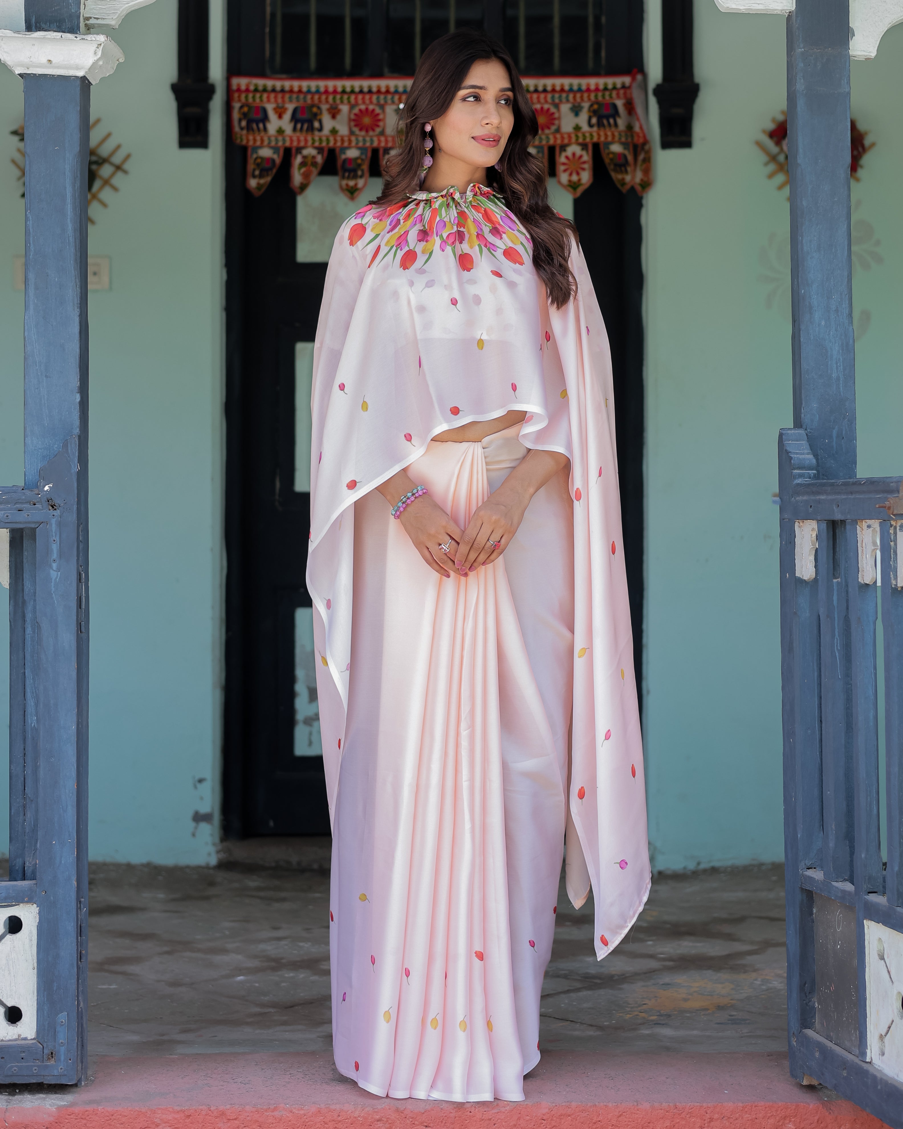 Peach Pink Satin Georgette Designer Saree with Tulip Mandala Artwork & Printed Blouse | Handsfree Pallu Loop