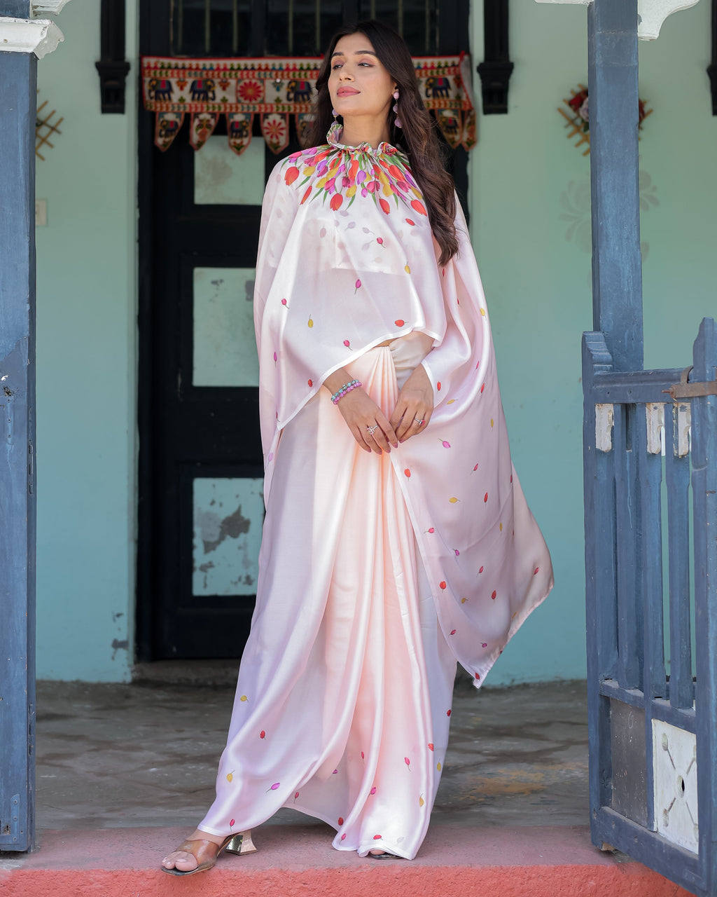 Peach Pink Satin Georgette Designer Saree with Tulip Mandala Artwork & Printed Blouse | Handsfree Pallu Loop