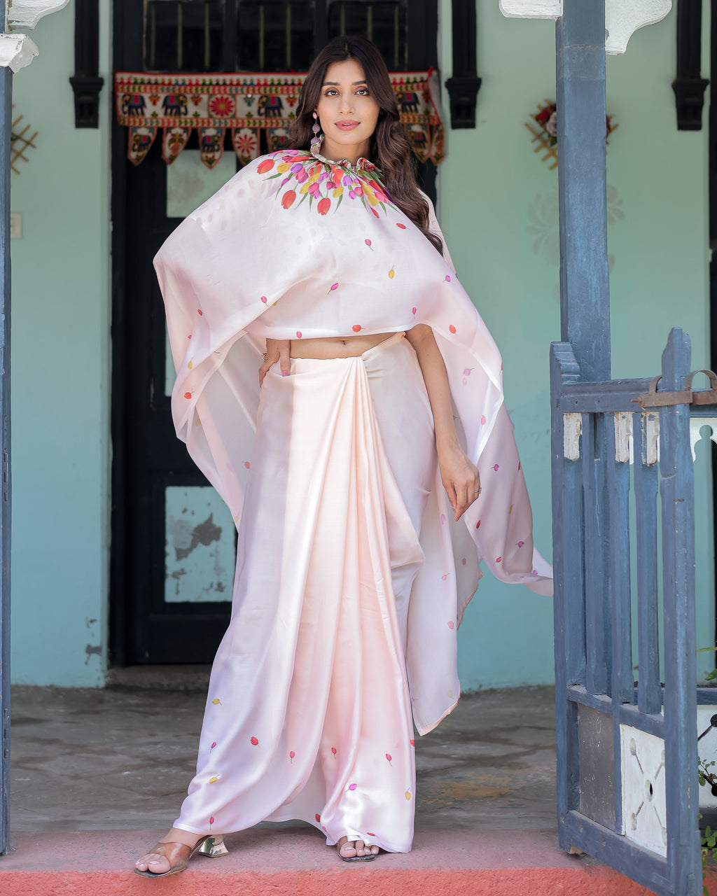 Peach Pink Satin Georgette Designer Saree with Tulip Mandala Artwork & Printed Blouse | Handsfree Pallu Loop