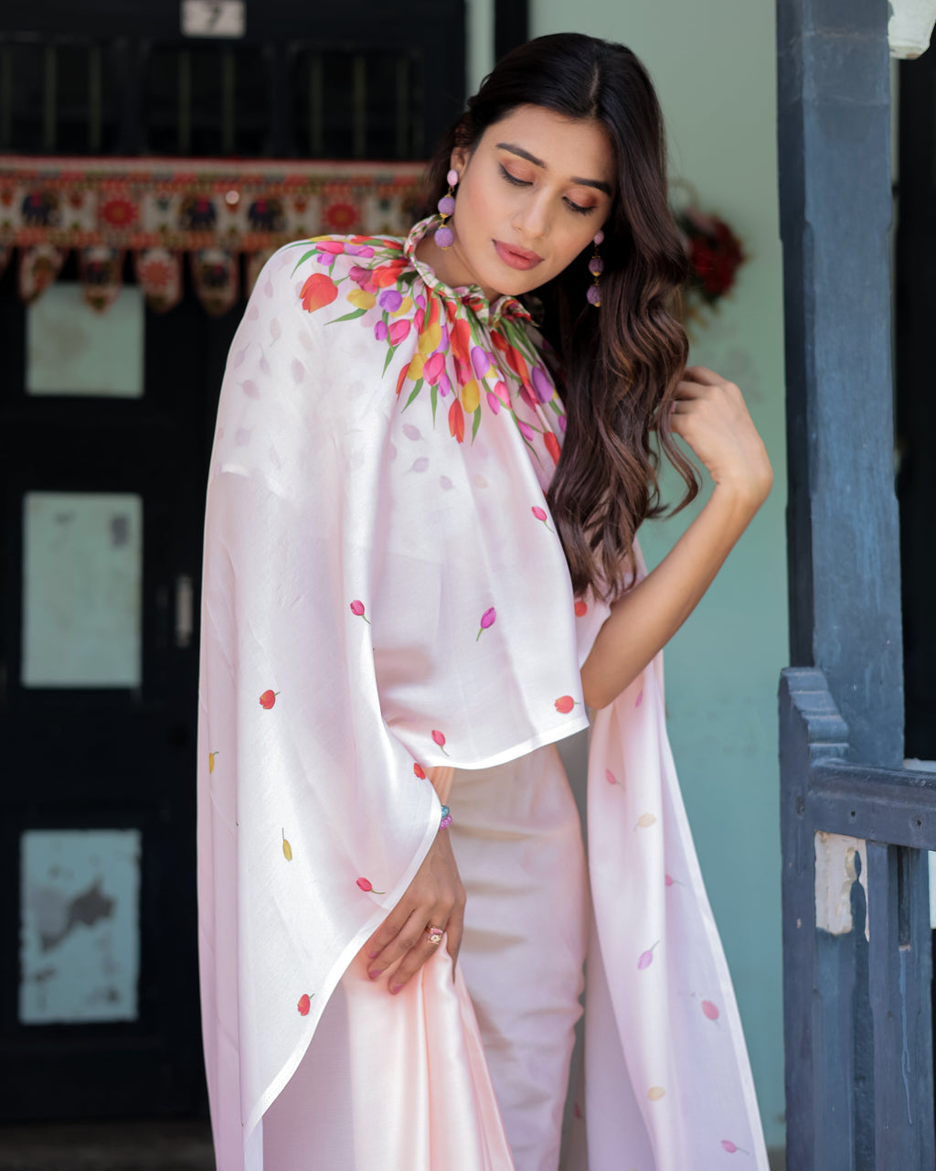 Peach Pink Satin Georgette Designer Saree with Tulip Mandala Artwork & Printed Blouse | Handsfree Pallu Loop