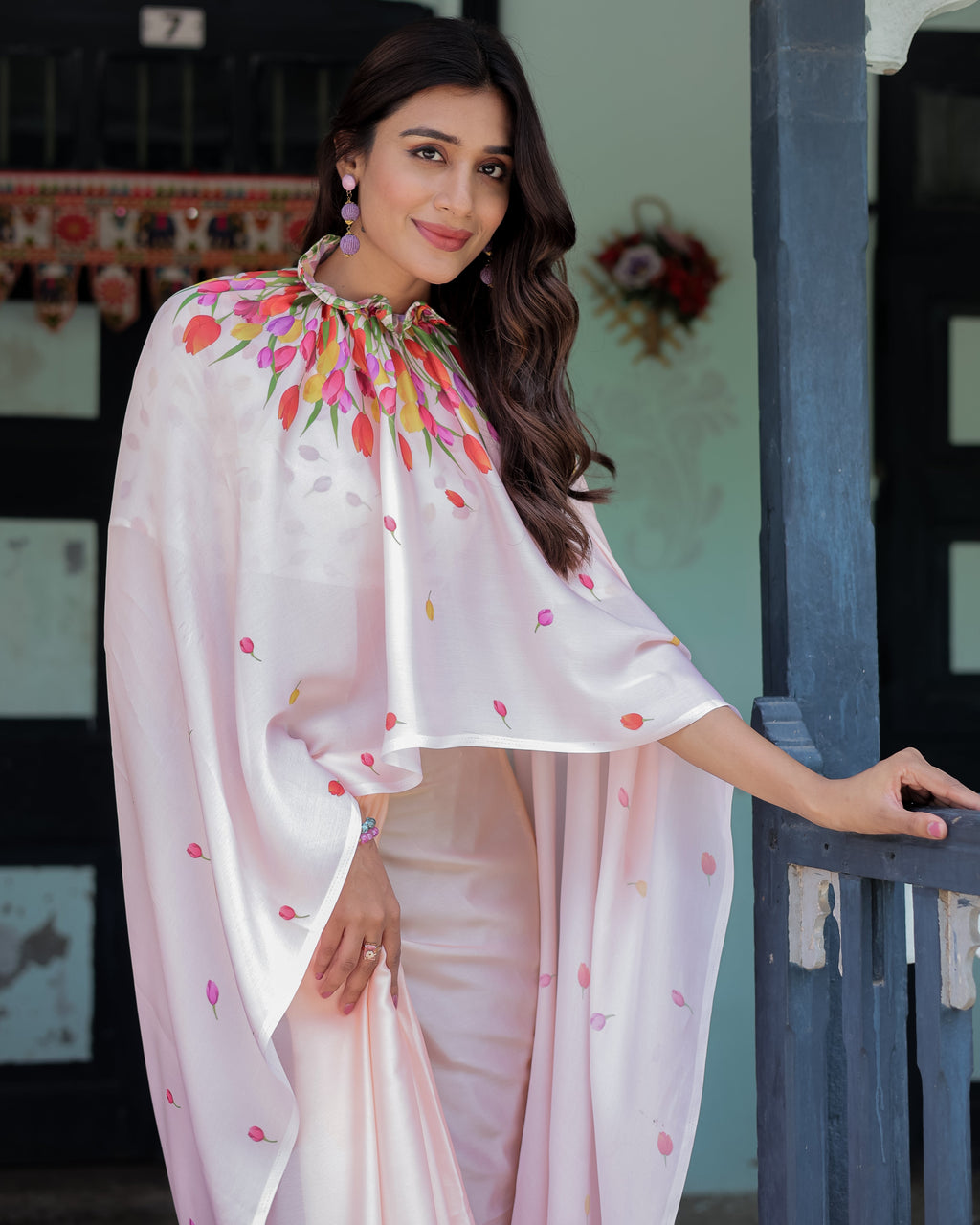 Peach Pink Satin Georgette Designer Saree with Tulip Mandala Artwork & Printed Blouse | Handsfree Pallu Loop