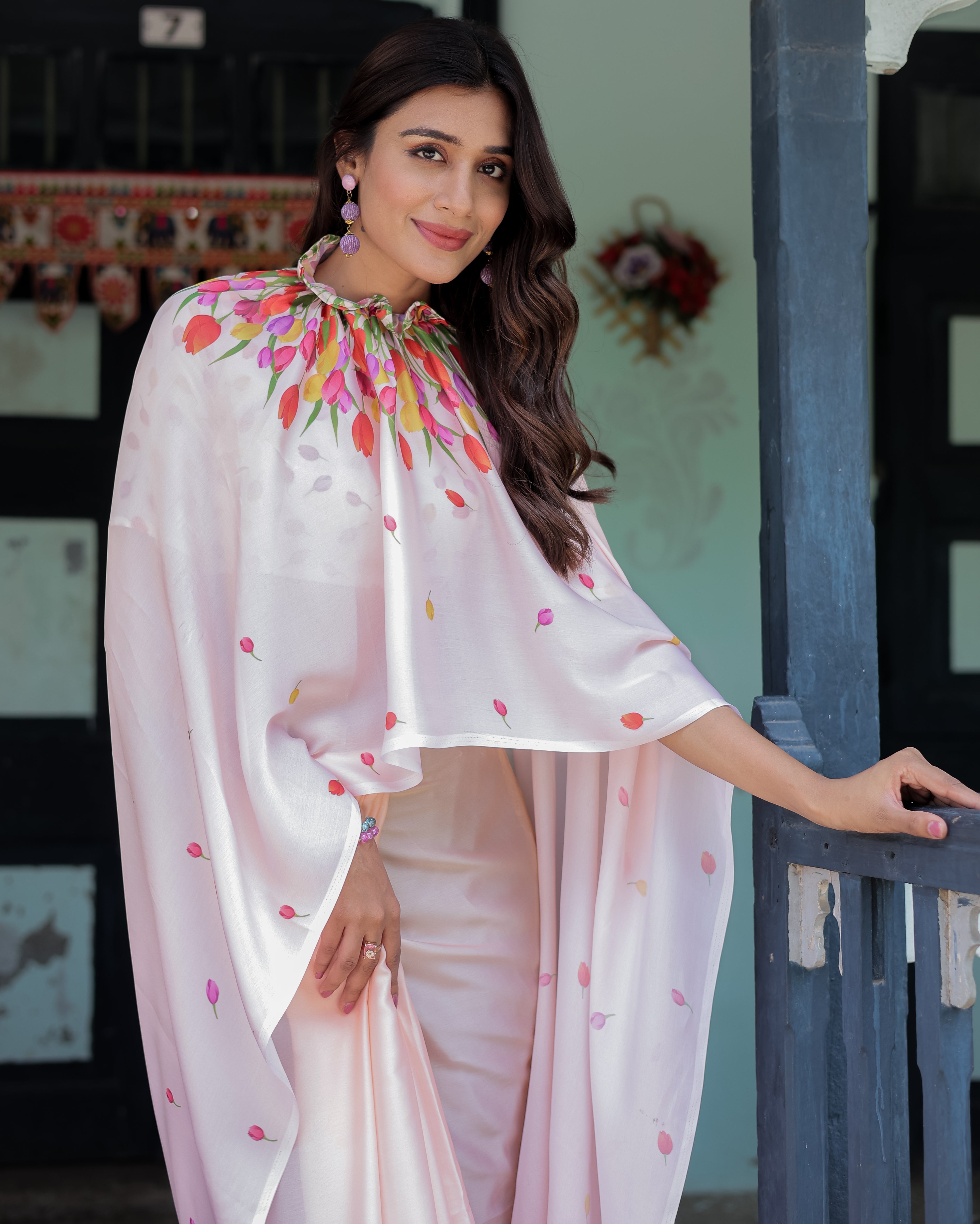 Peach Pink Satin Georgette Designer Saree with Tulip Mandala Artwork & Printed Blouse | Handsfree Pallu Loop