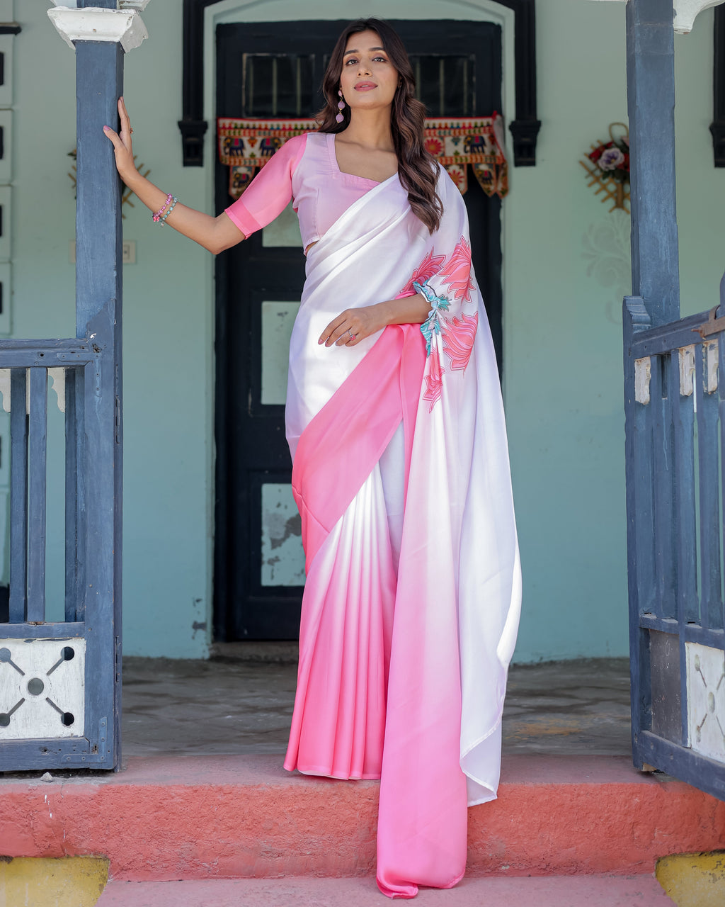 Blush Pink & White Ombre Designer Freehand Saree with Lotus Motifs | Soft Satin Georgette | Handsfree Pallu Feature