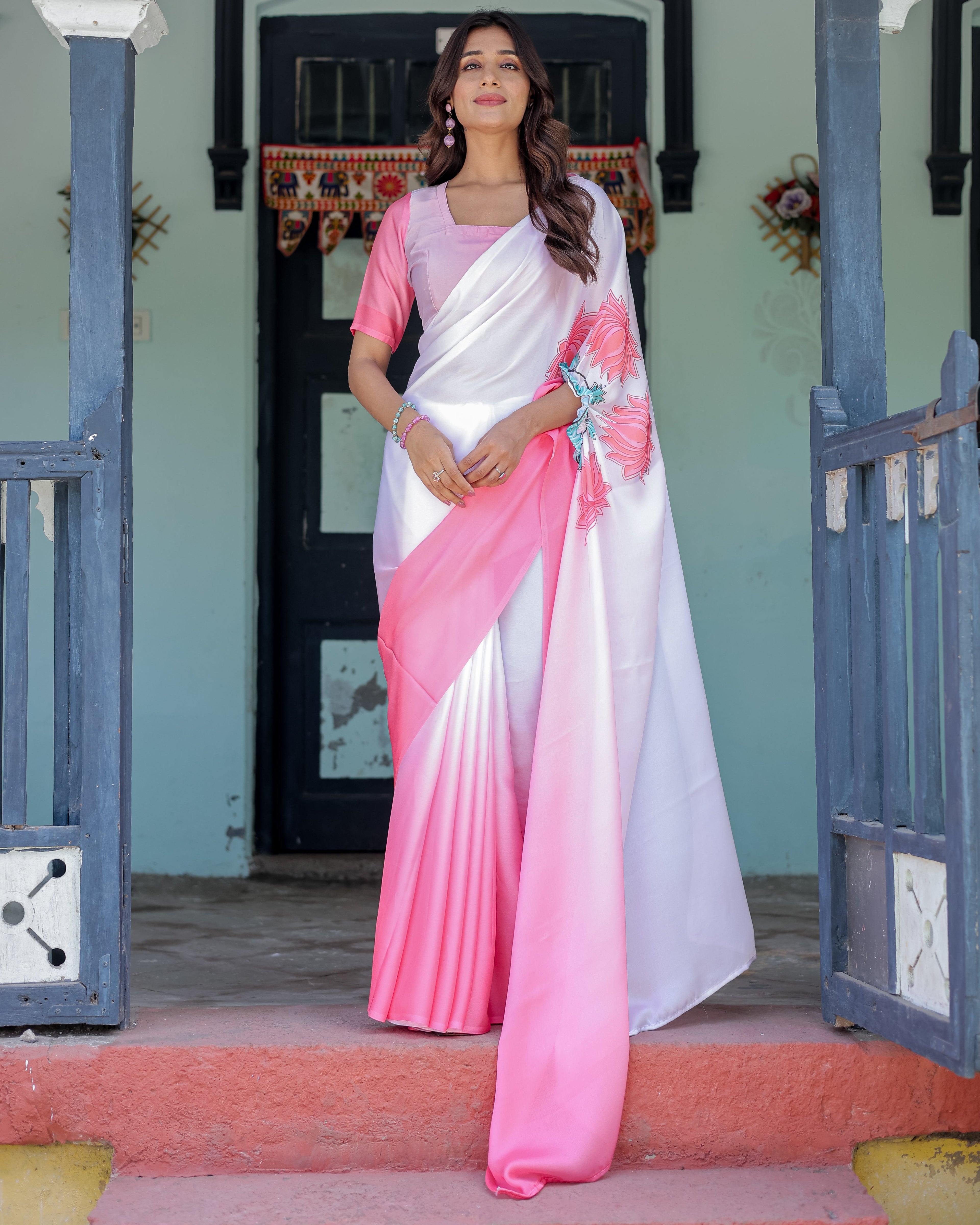 Blush Pink & White Ombre Designer Freehand Saree with Lotus Motifs | Soft Satin Georgette | Handsfree Pallu Feature
