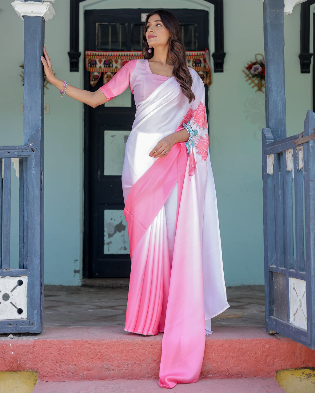 Blush Pink & White Ombre Designer Freehand Saree with Lotus Motifs | Soft Satin Georgette | Handsfree Pallu Feature