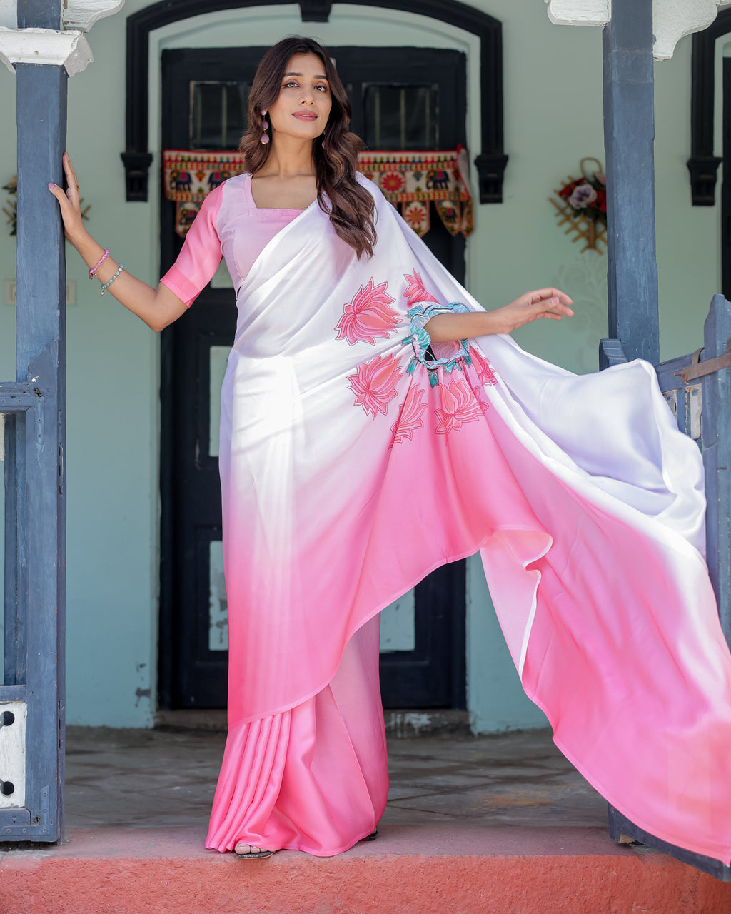 Blush Pink & White Ombre Designer Freehand Saree with Lotus Motifs | Soft Satin Georgette | Handsfree Pallu Feature