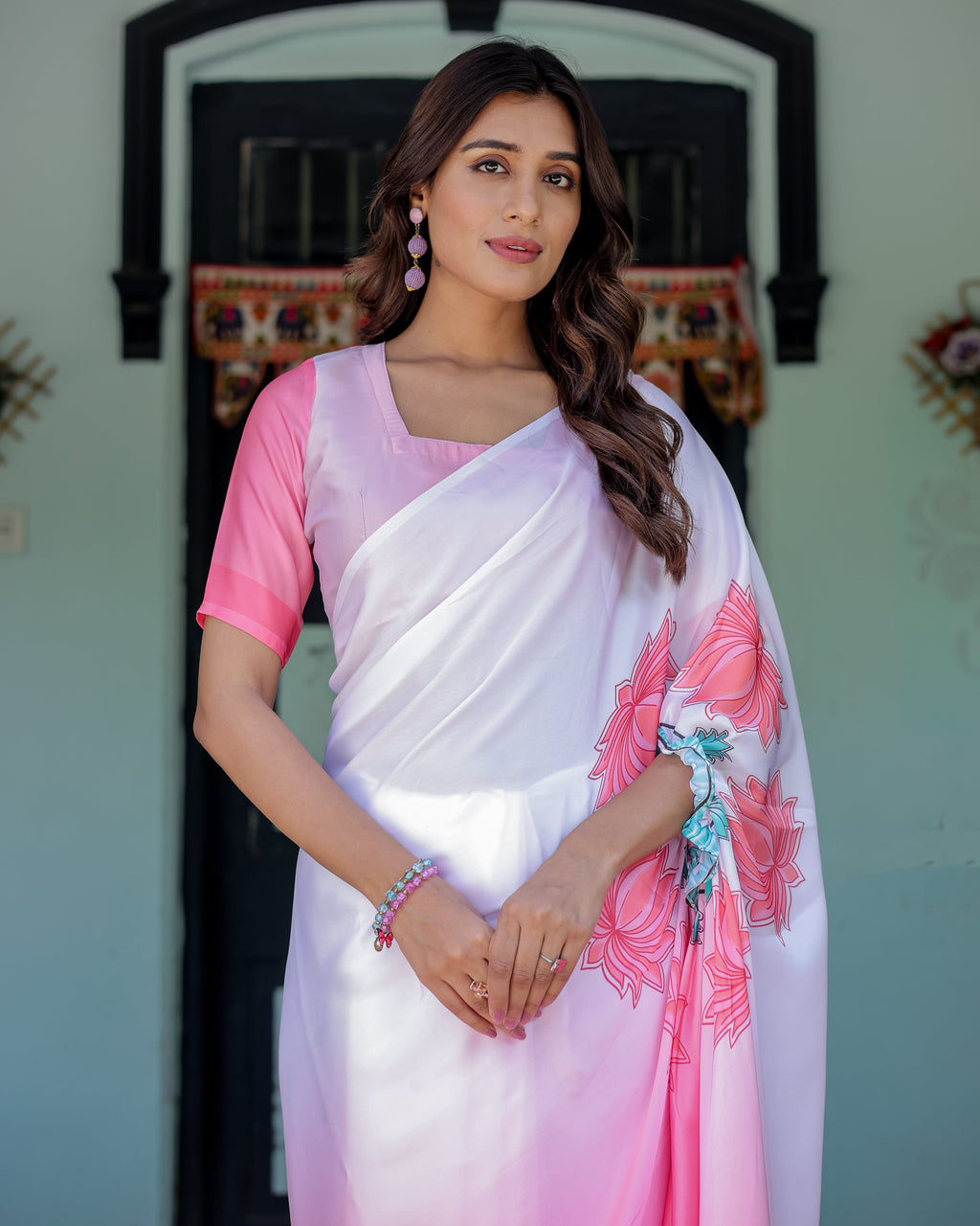 Blush Pink & White Ombre Designer Freehand Saree with Lotus Motifs | Soft Satin Georgette | Handsfree Pallu Feature