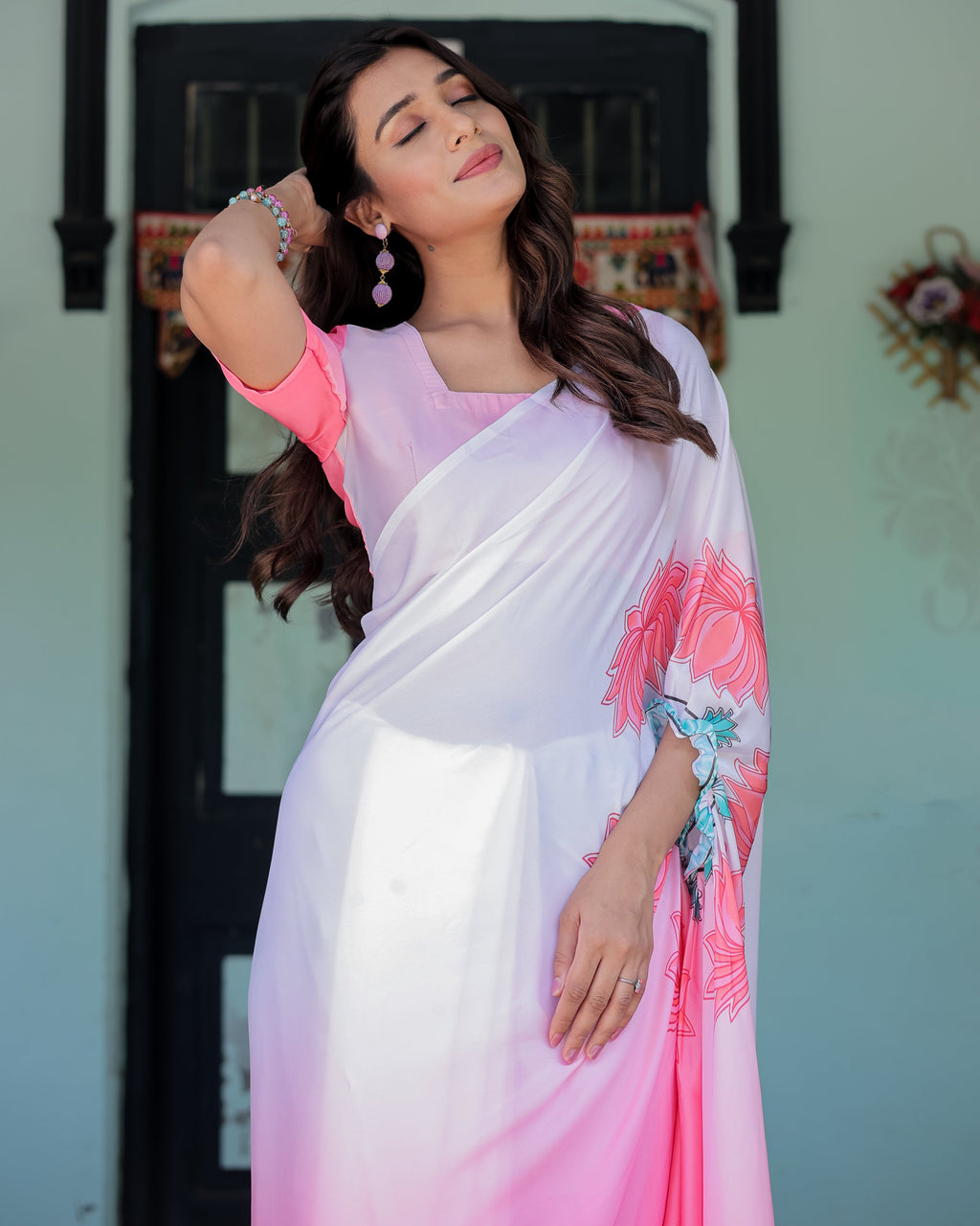 Blush Pink & White Ombre Designer Freehand Saree with Lotus Motifs | Soft Satin Georgette | Handsfree Pallu Feature