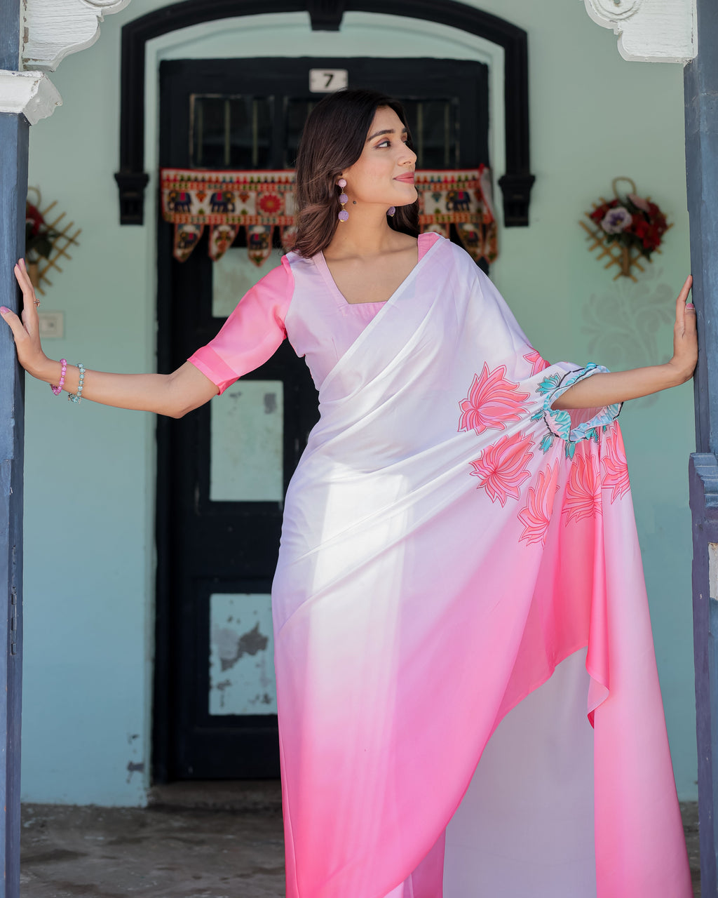 Blush Pink & White Ombre Designer Freehand Saree with Lotus Motifs | Soft Satin Georgette | Handsfree Pallu Feature