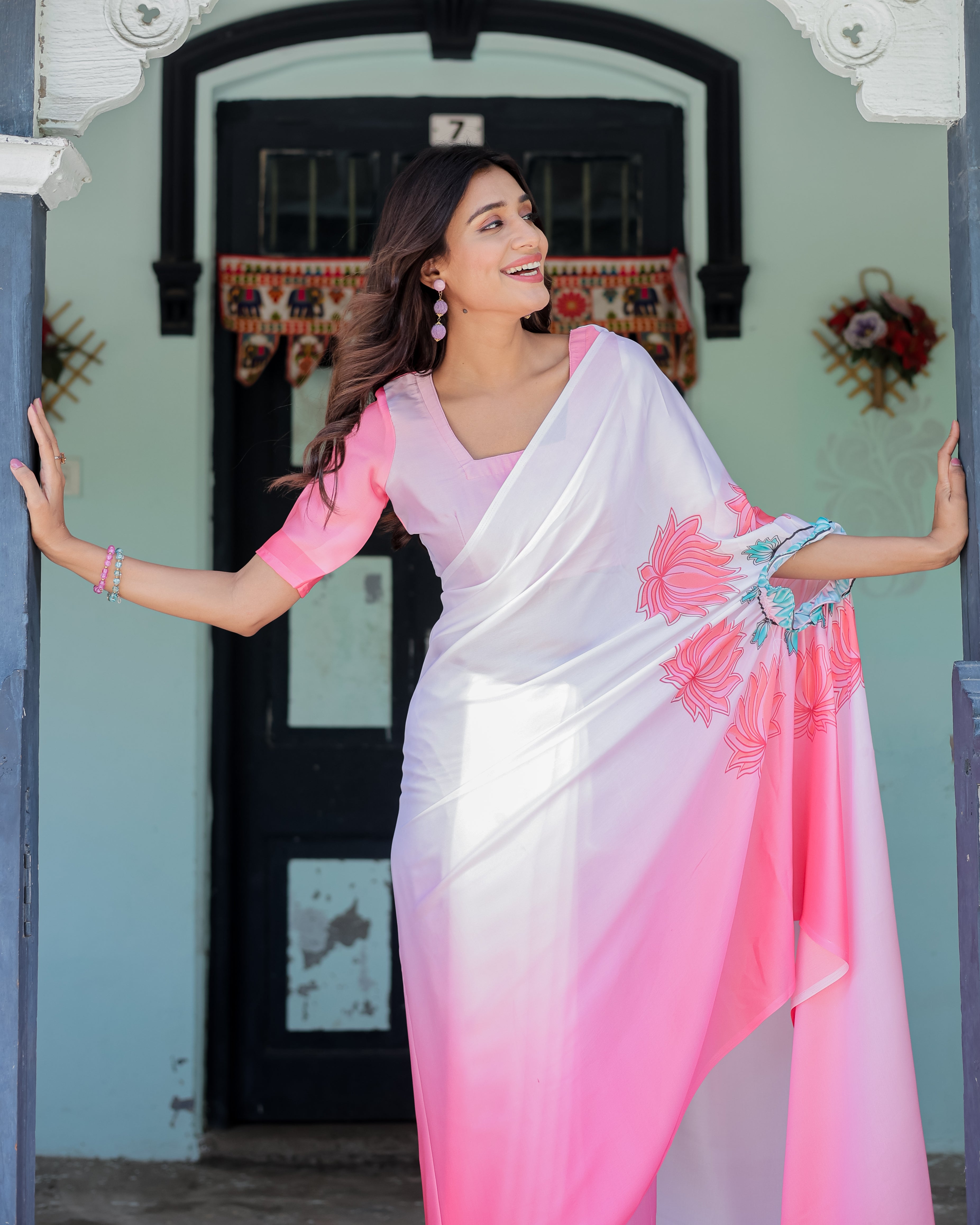 Blush Pink & White Ombre Designer Freehand Saree with Lotus Motifs | Soft Satin Georgette | Handsfree Pallu Feature