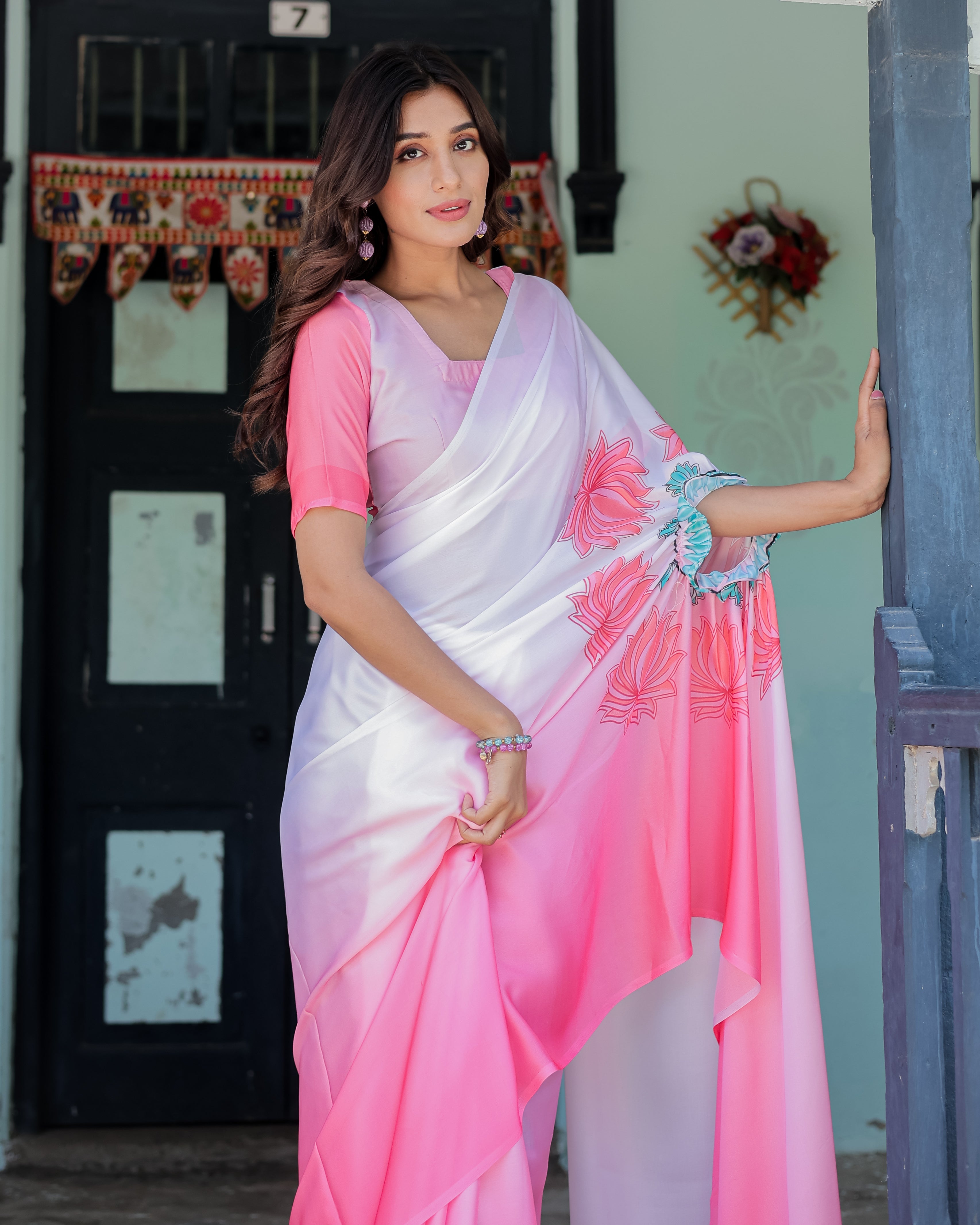 Blush Pink & White Ombre Designer Freehand Saree with Lotus Motifs | Soft Satin Georgette | Handsfree Pallu Feature