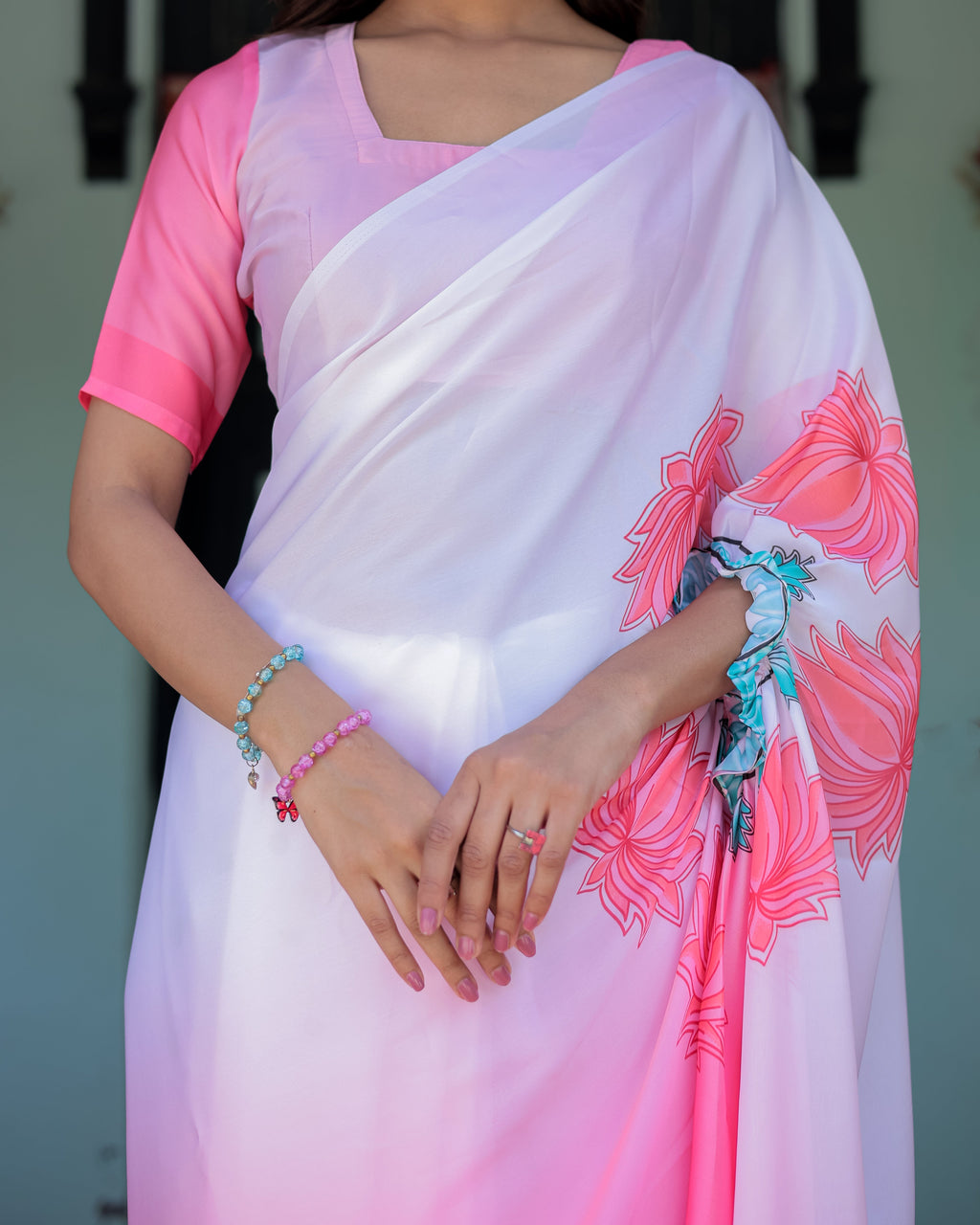 Blush Pink & White Ombre Designer Freehand Saree with Lotus Motifs | Soft Satin Georgette | Handsfree Pallu Feature