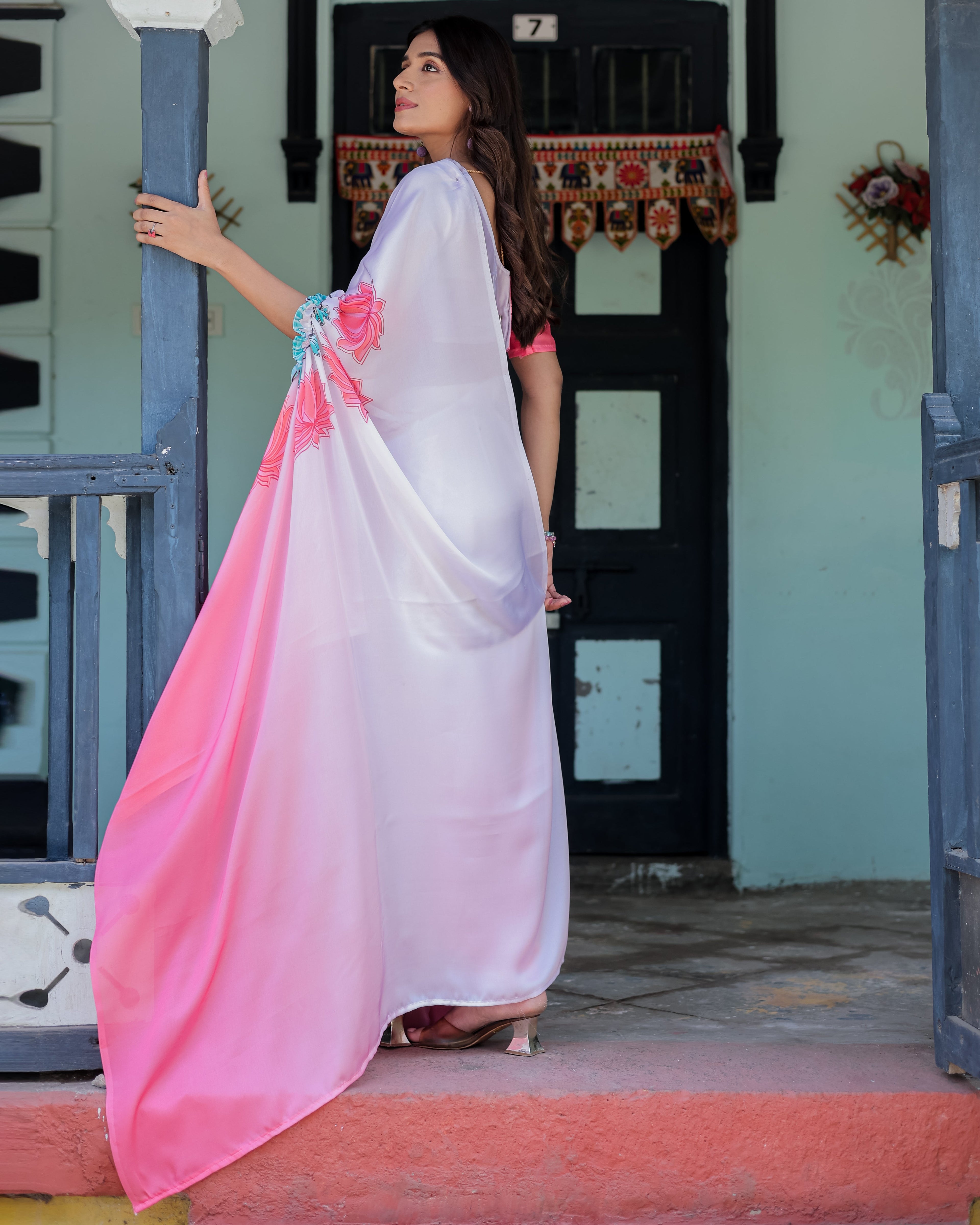 Blush Pink & White Ombre Designer Freehand Saree with Lotus Motifs | Soft Satin Georgette | Handsfree Pallu Feature