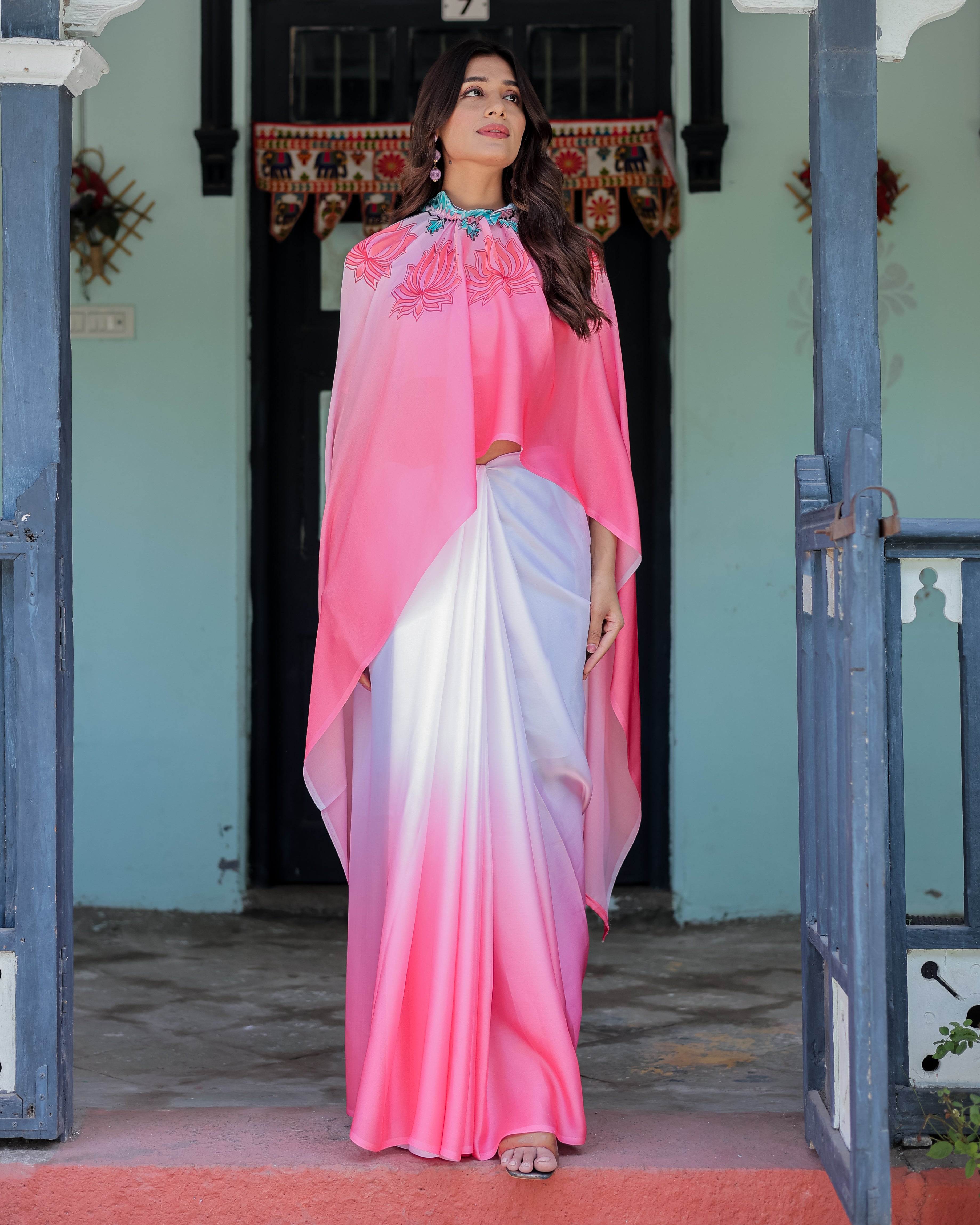 Blush Pink & White Ombre Designer Freehand Saree with Lotus Motifs | Soft Satin Georgette | Handsfree Pallu Feature