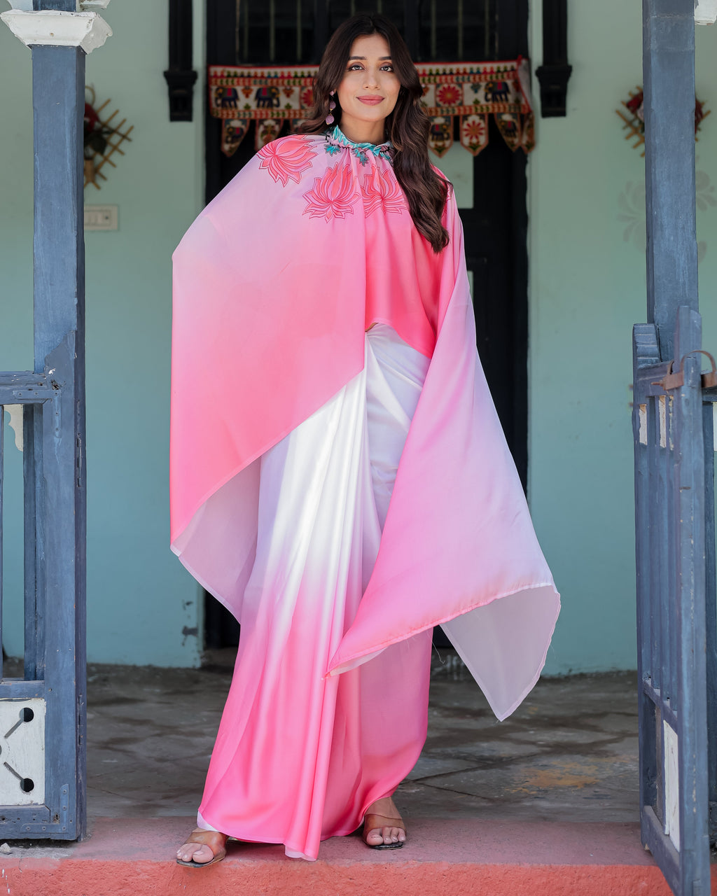 Blush Pink & White Ombre Designer Freehand Saree with Lotus Motifs | Soft Satin Georgette | Handsfree Pallu Feature