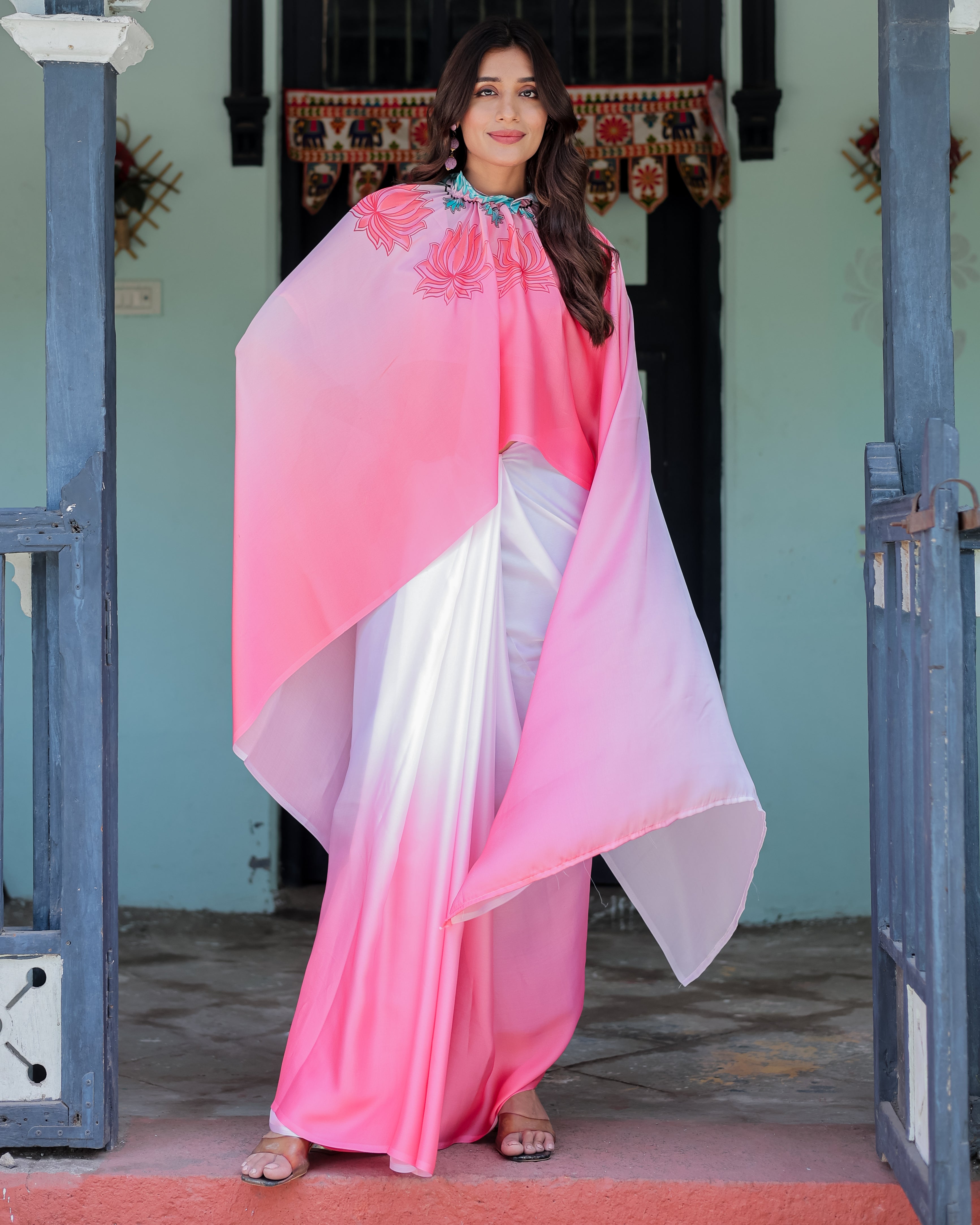 Blush Pink & White Ombre Designer Freehand Saree with Lotus Motifs | Soft Satin Georgette | Handsfree Pallu Feature