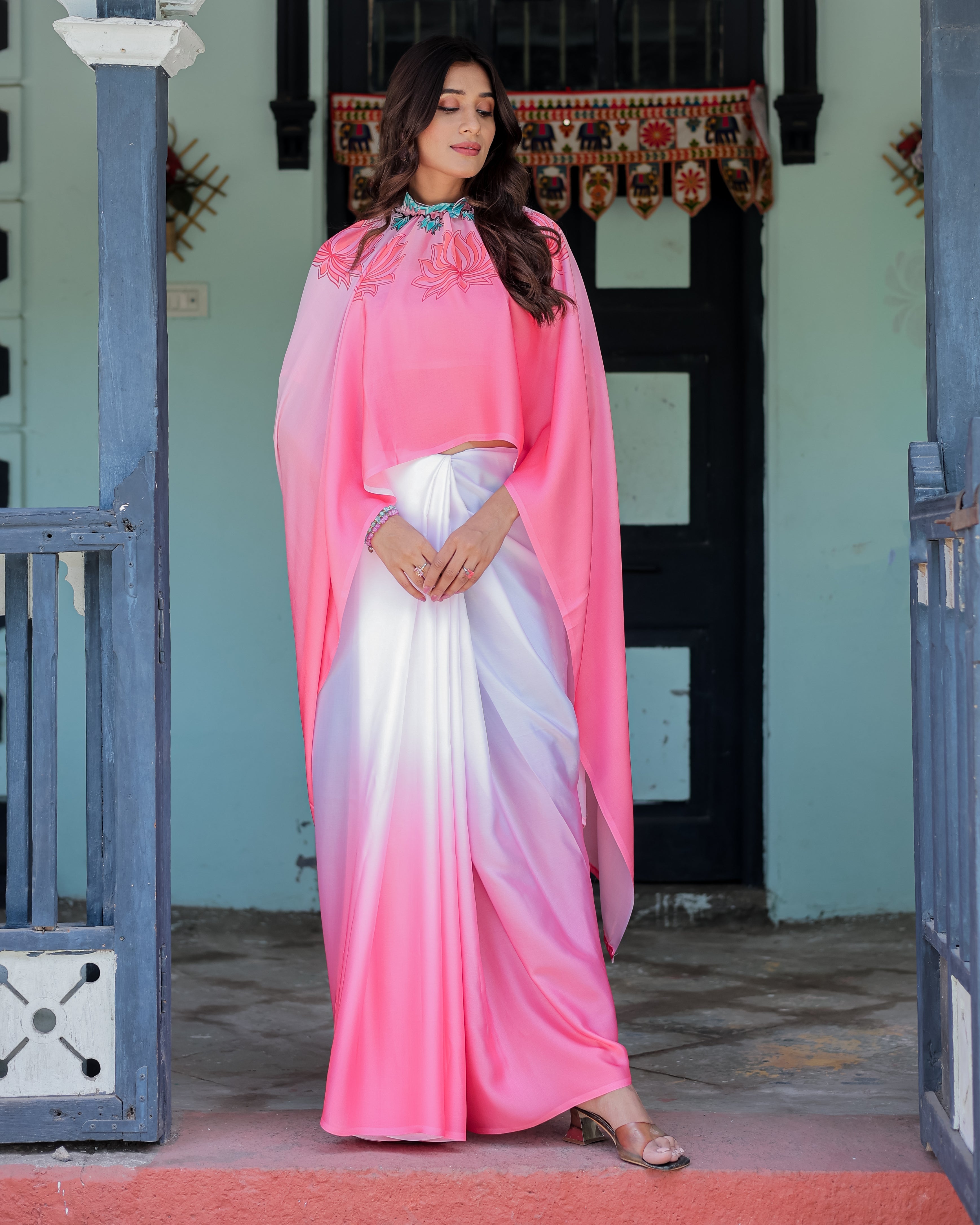 Blush Pink & White Ombre Designer Freehand Saree with Lotus Motifs | Soft Satin Georgette | Handsfree Pallu Feature