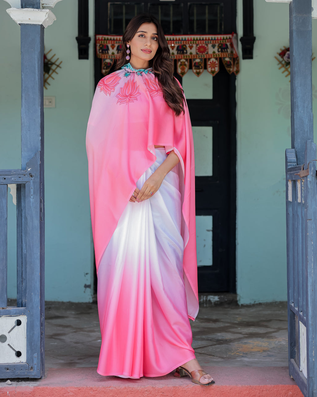 Blush Pink & White Ombre Designer Freehand Saree with Lotus Motifs | Soft Satin Georgette | Handsfree Pallu Feature