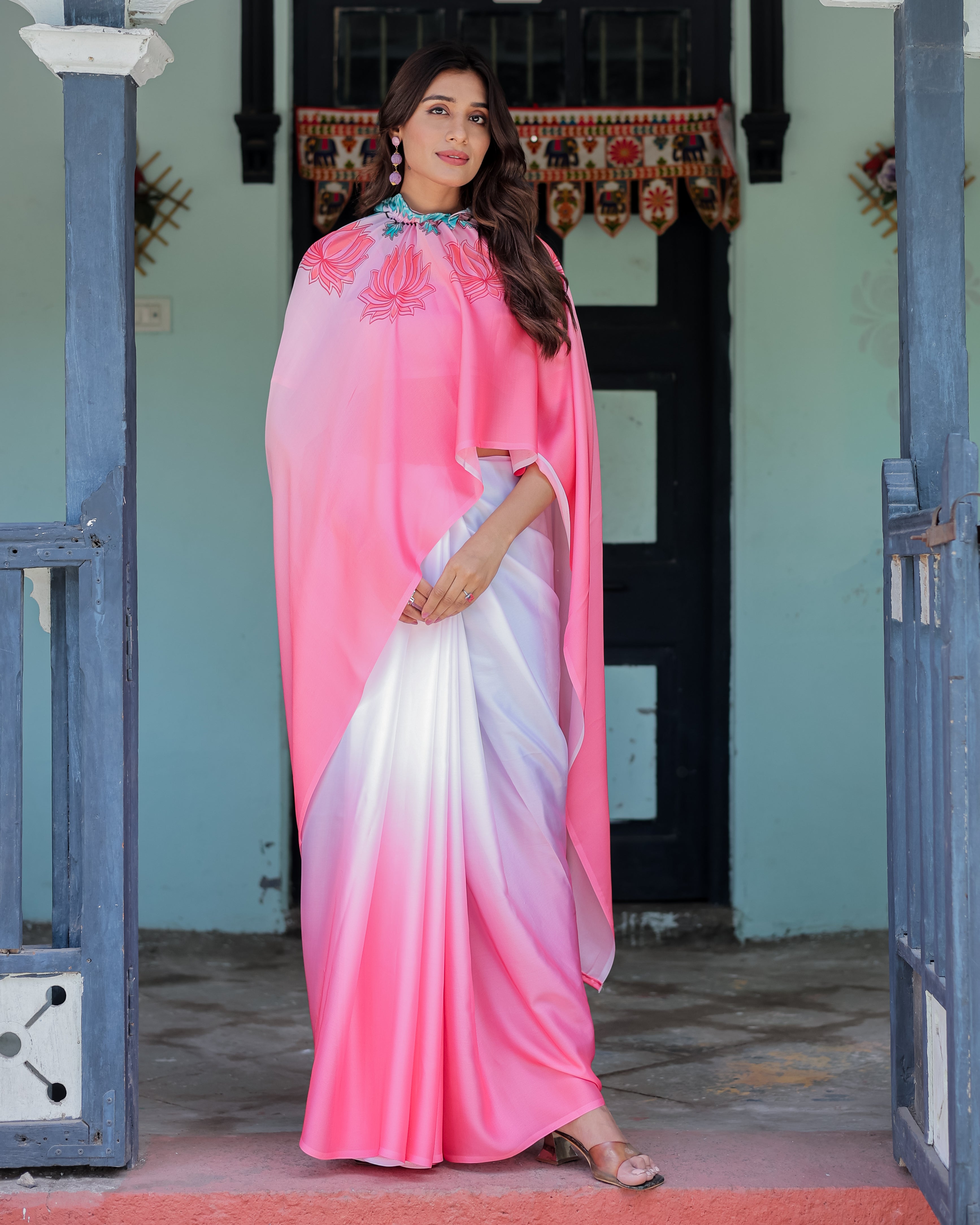 Blush Pink & White Ombre Designer Freehand Saree with Lotus Motifs | Soft Satin Georgette | Handsfree Pallu Feature
