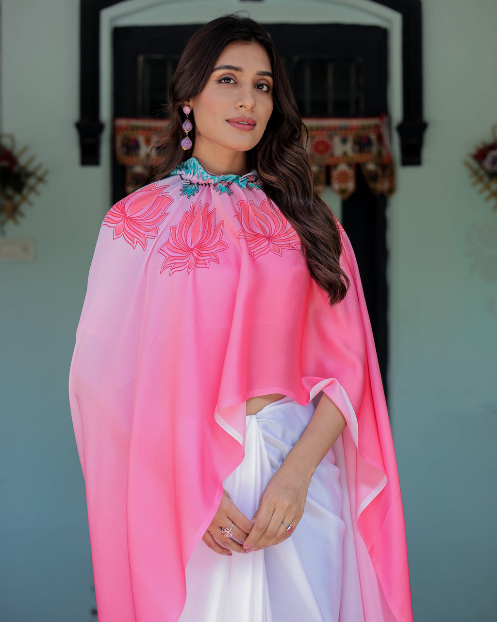 Blush Pink & White Ombre Designer Freehand Saree with Lotus Motifs | Soft Satin Georgette | Handsfree Pallu Feature