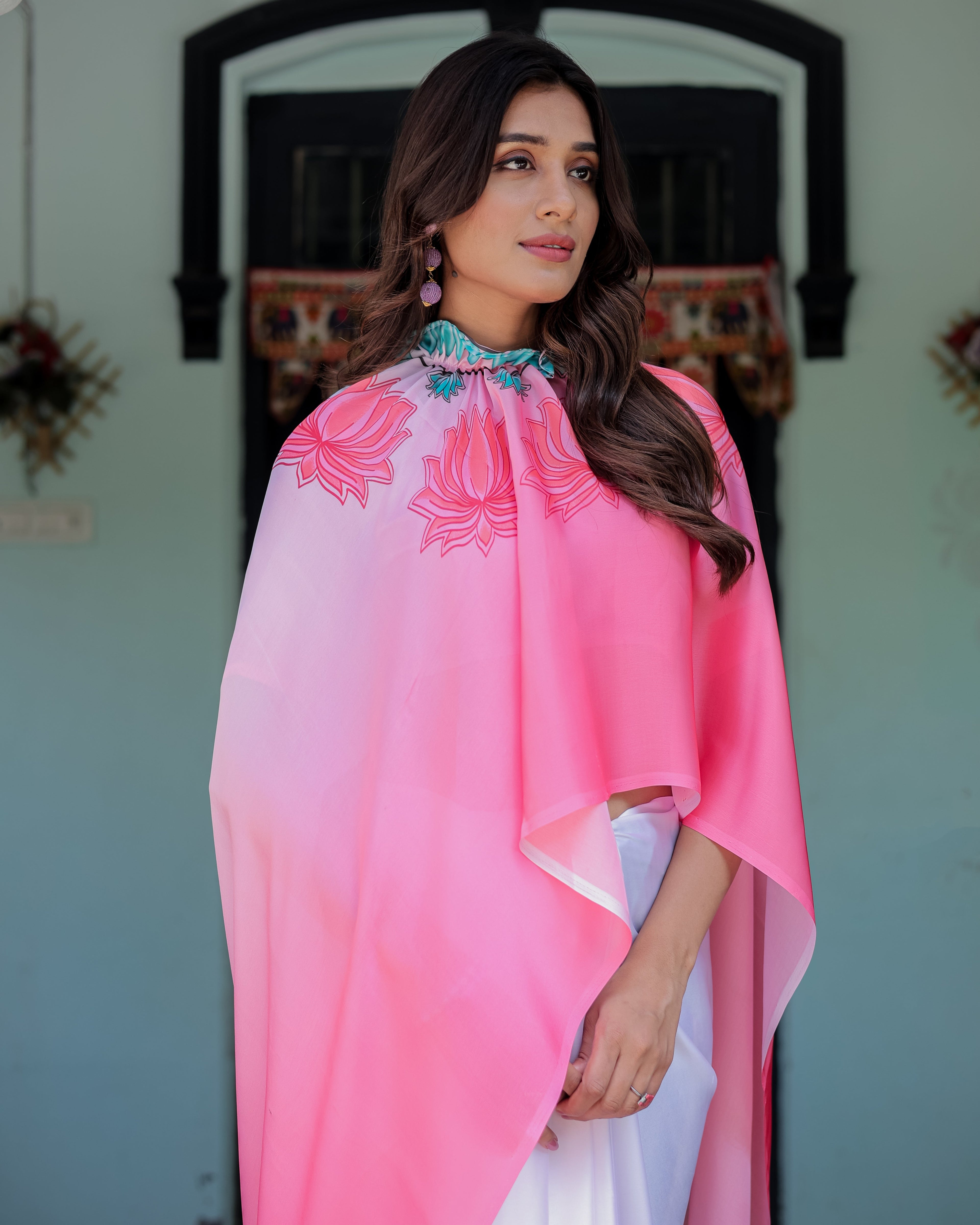 Blush Pink & White Ombre Designer Freehand Saree with Lotus Motifs | Soft Satin Georgette | Handsfree Pallu Feature