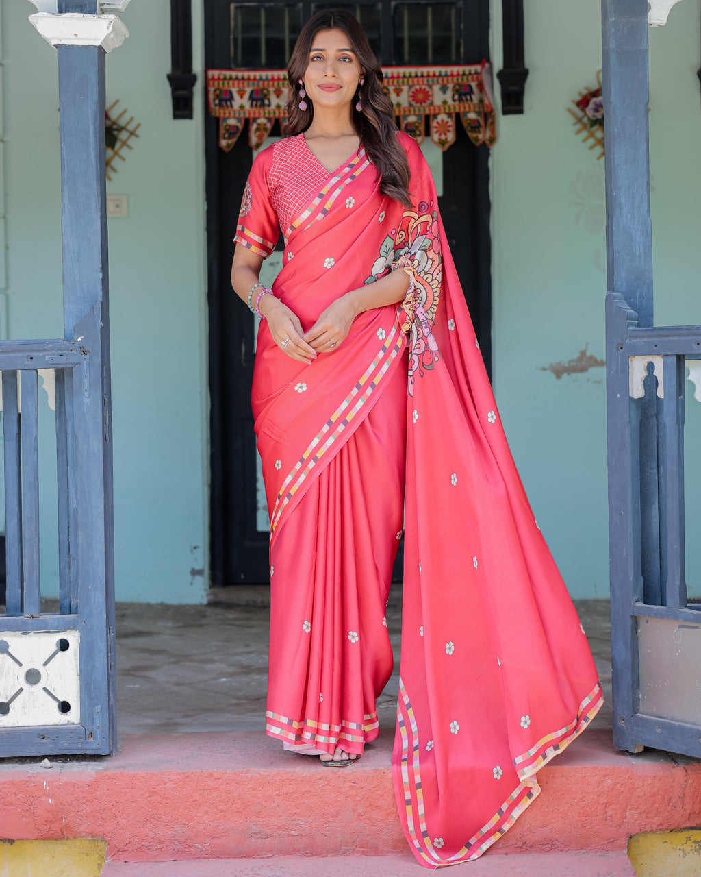 Coral Pink Satin Georgette Saree with Floral Mandala Print & Checked Striped Blouse | Designer Handsfree Pallu Loop