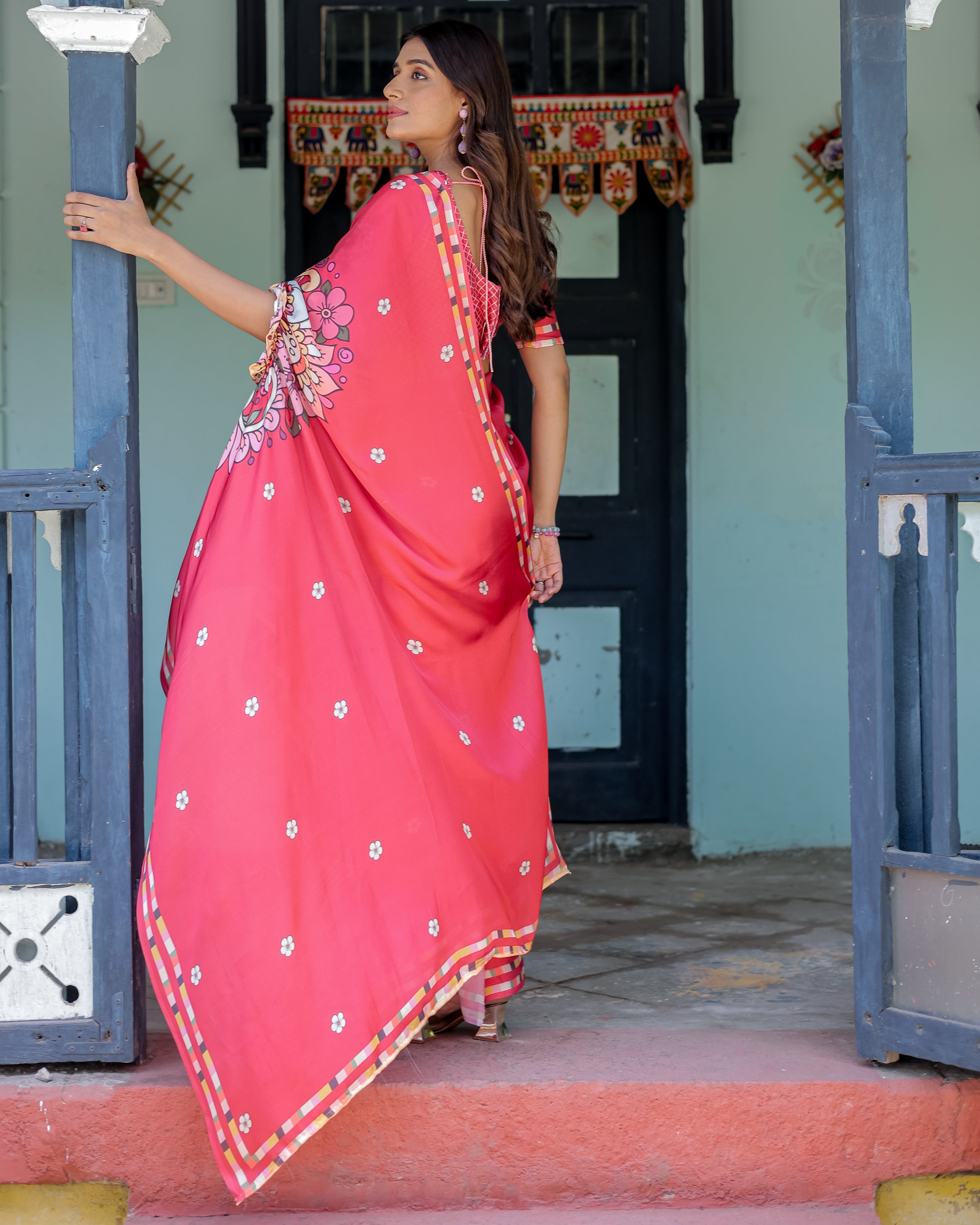 Coral Pink Satin Georgette Saree with Floral Mandala Print & Checked Striped Blouse | Designer Handsfree Pallu Loop