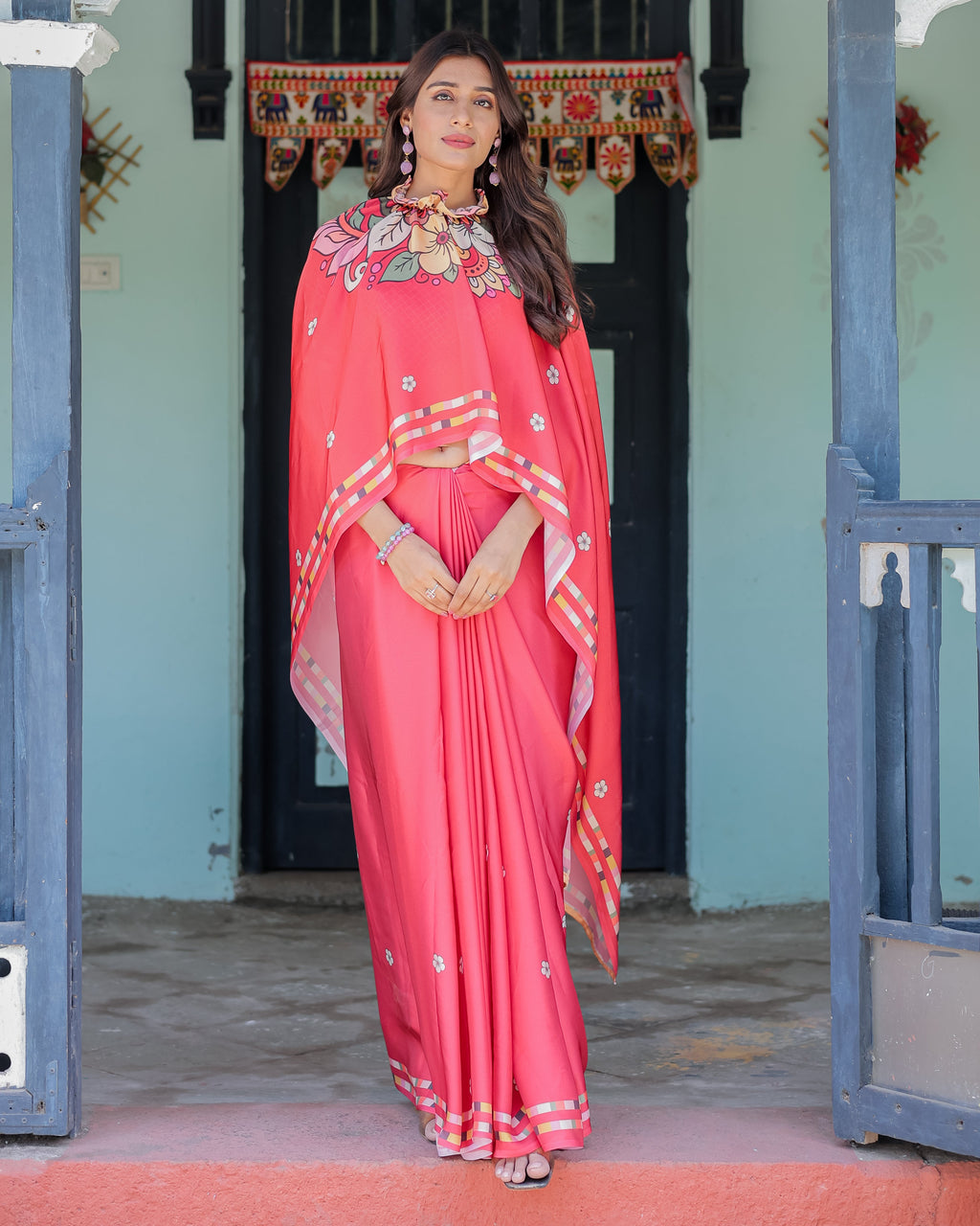 Coral Pink Satin Georgette Saree with Floral Mandala Print & Checked Striped Blouse | Designer Handsfree Pallu Loop