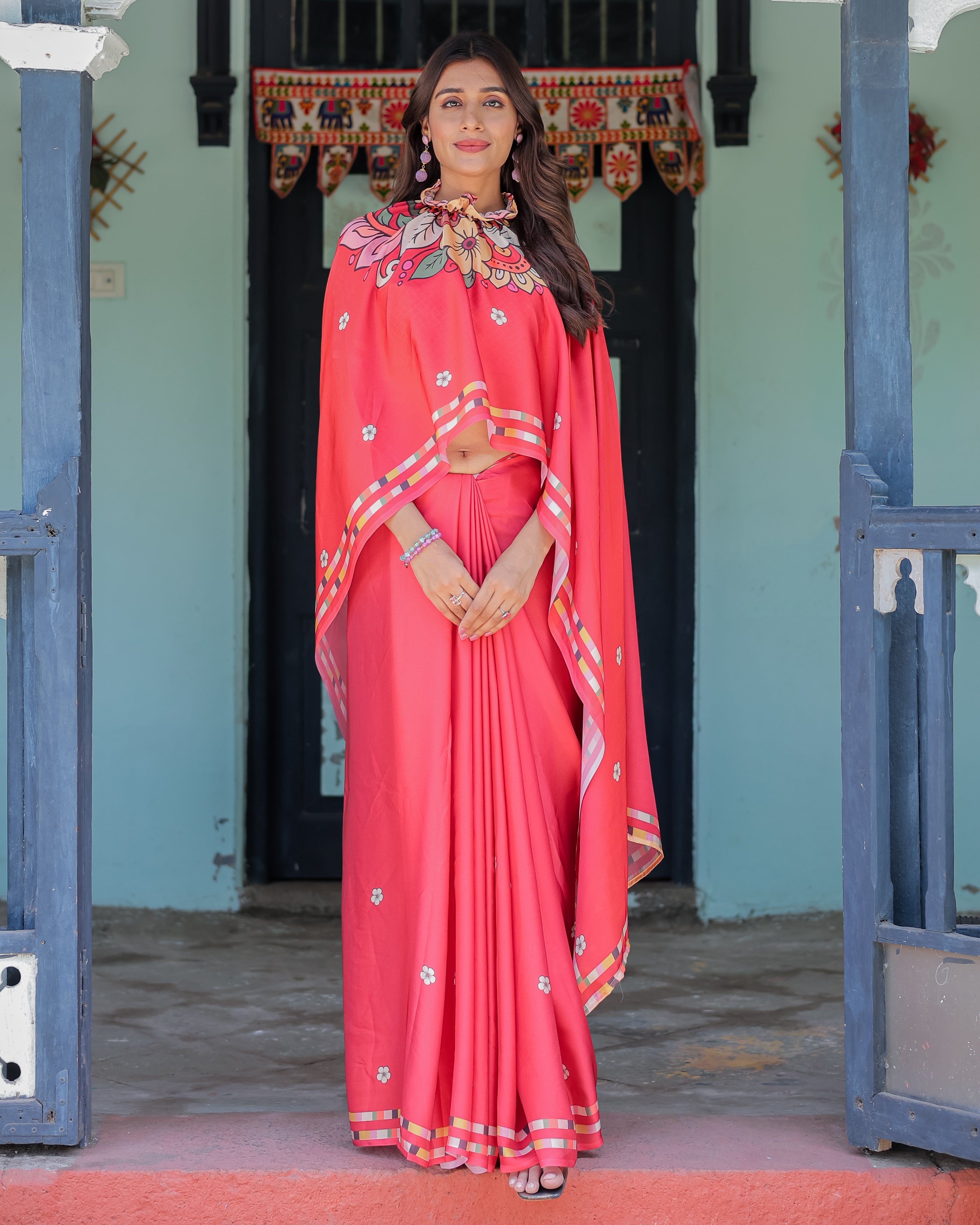 Coral Pink Satin Georgette Saree with Floral Mandala Print & Checked Striped Blouse | Designer Handsfree Pallu Loop