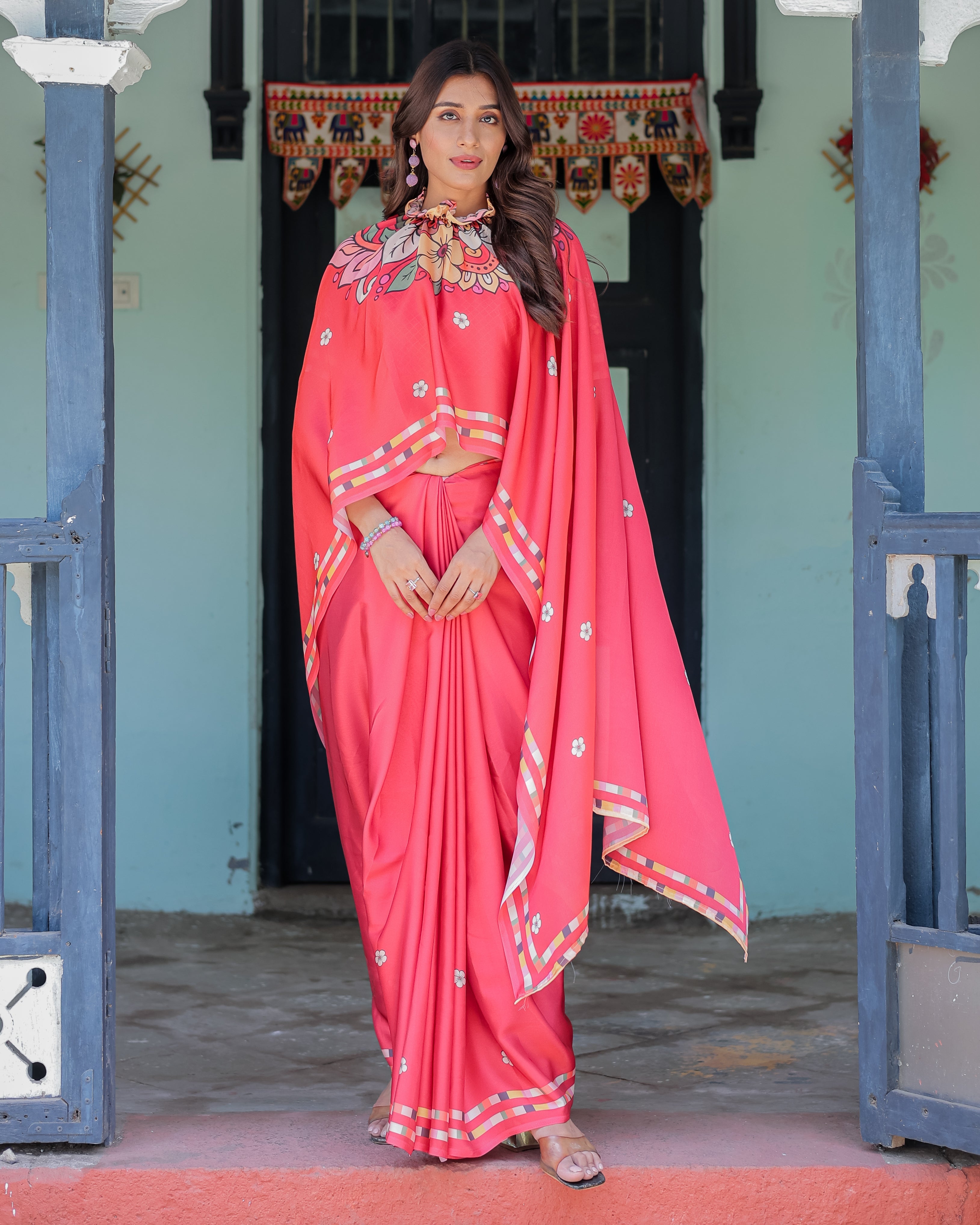 Coral Pink Satin Georgette Saree with Floral Mandala Print & Checked Striped Blouse | Designer Handsfree Pallu Loop