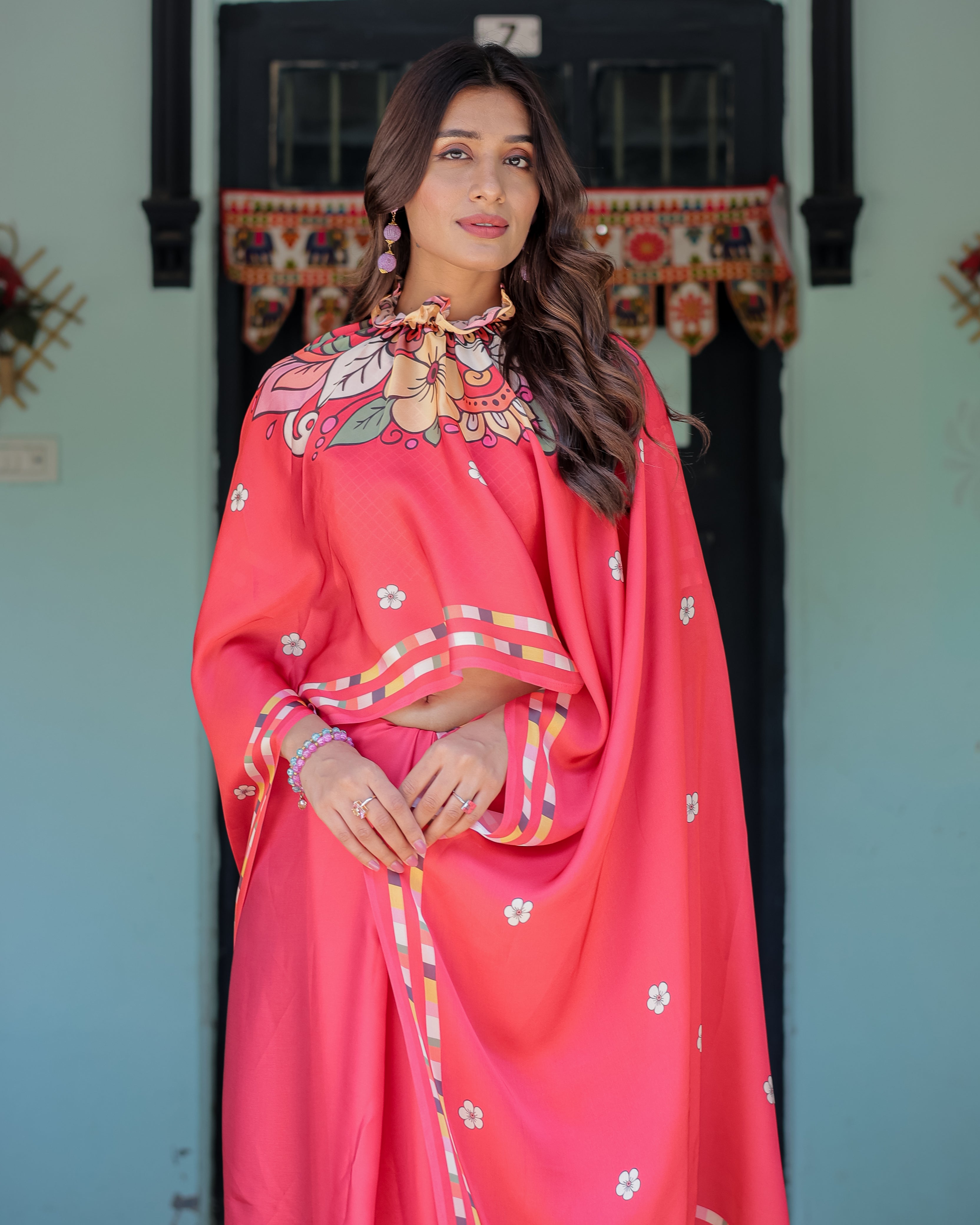 Coral Pink Satin Georgette Saree with Floral Mandala Print & Checked Striped Blouse | Designer Handsfree Pallu Loop