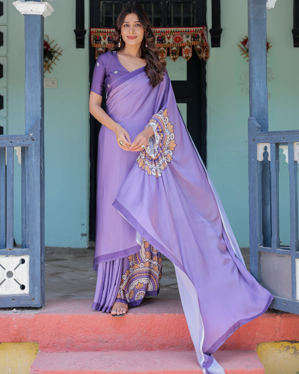 Lavender Purple Satin Georgette Saree with Earthy Mandala Print & Printed Pleats | Handsfree Loop Drape