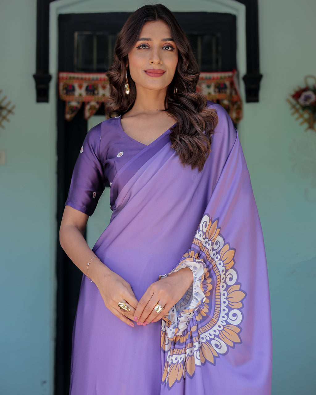 Lavender Purple Satin Georgette Saree with Earthy Mandala Print & Printed Pleats | Handsfree Loop Drape