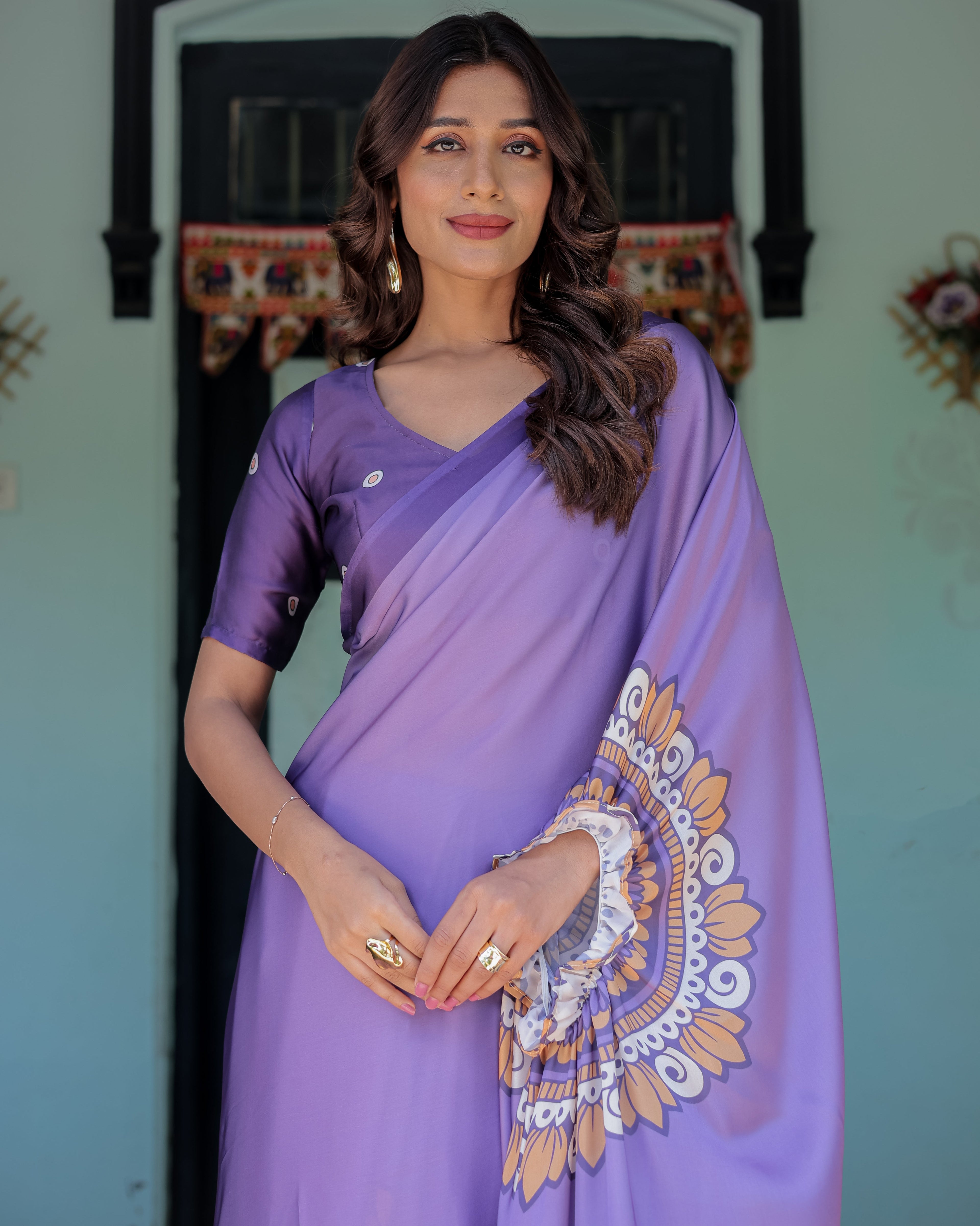 Lavender Purple Satin Georgette Saree with Earthy Mandala Print & Printed Pleats | Handsfree Loop Drape