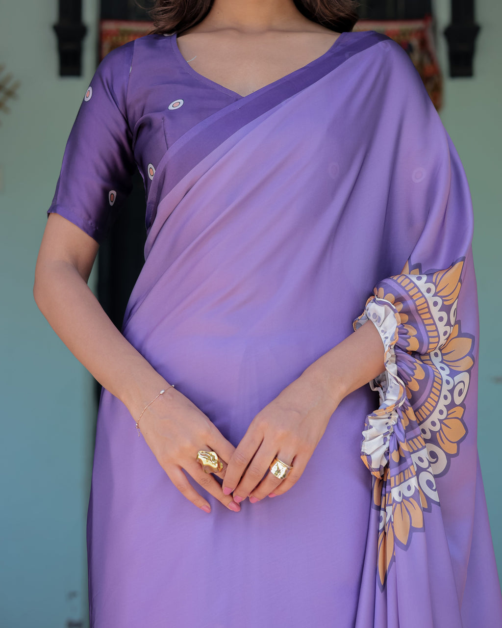 Lavender Purple Satin Georgette Saree with Earthy Mandala Print & Printed Pleats | Handsfree Loop Drape