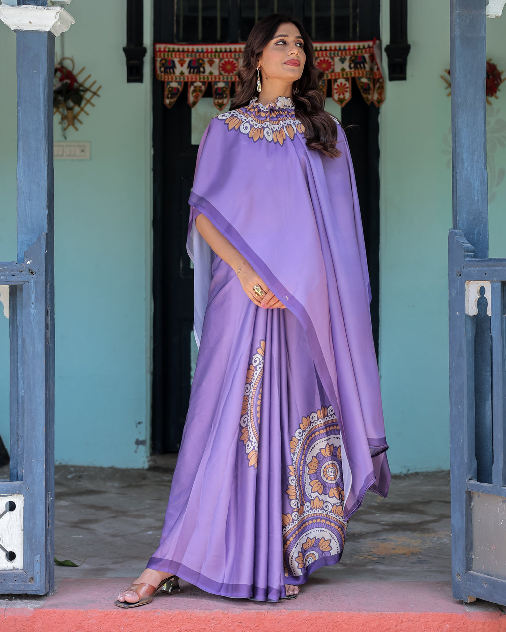 Lavender Purple Satin Georgette Saree with Earthy Mandala Print & Printed Pleats | Handsfree Loop Drape
