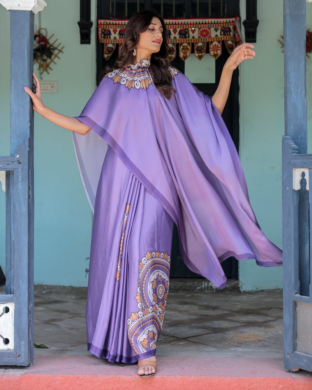 Lavender Purple Satin Georgette Saree with Earthy Mandala Print & Printed Pleats | Handsfree Loop Drape