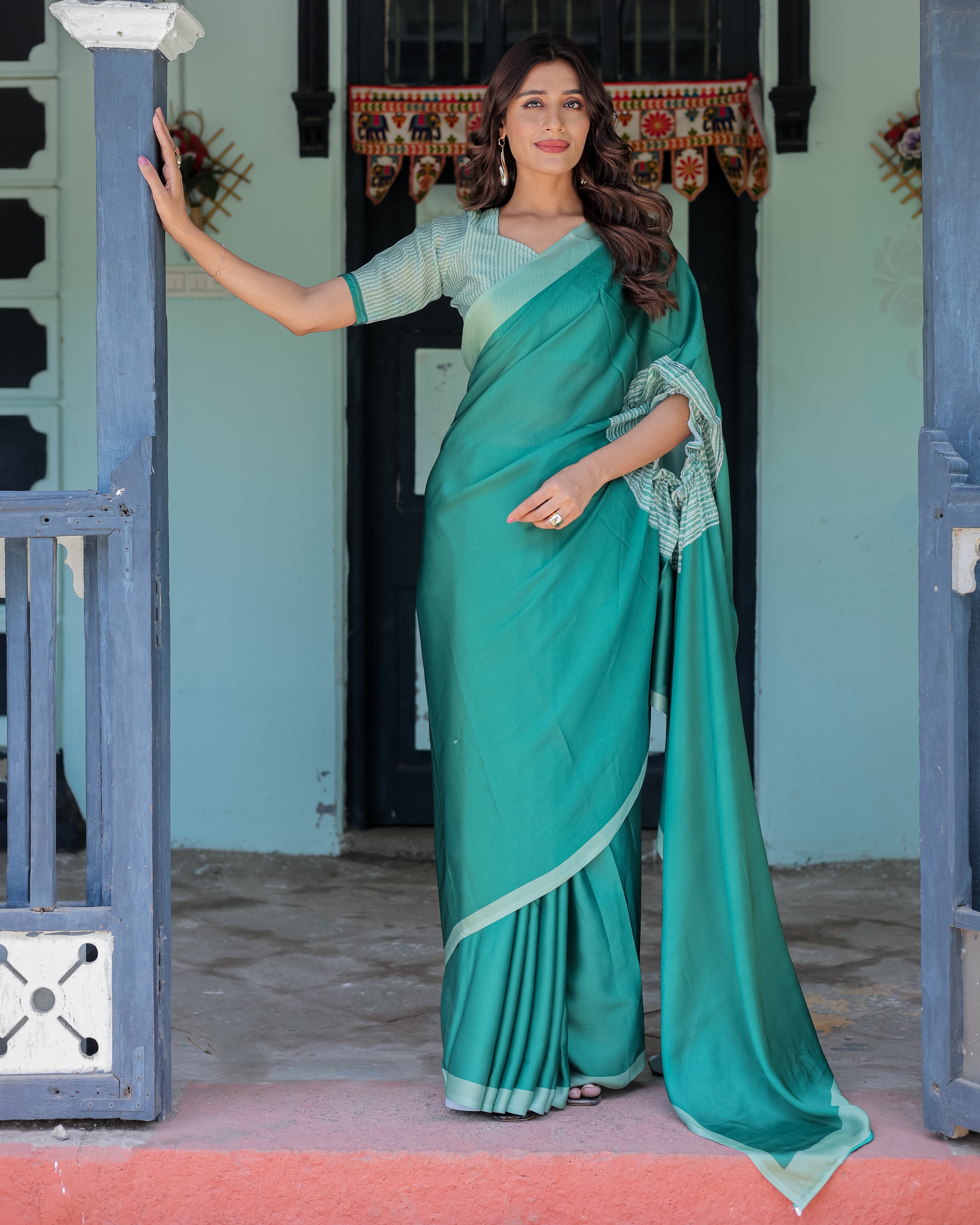 Emerald Green Satin Georgette Designer Saree with Striped Mandala Detail & Mint Textured Blouse | Handsfree Pallu Loop