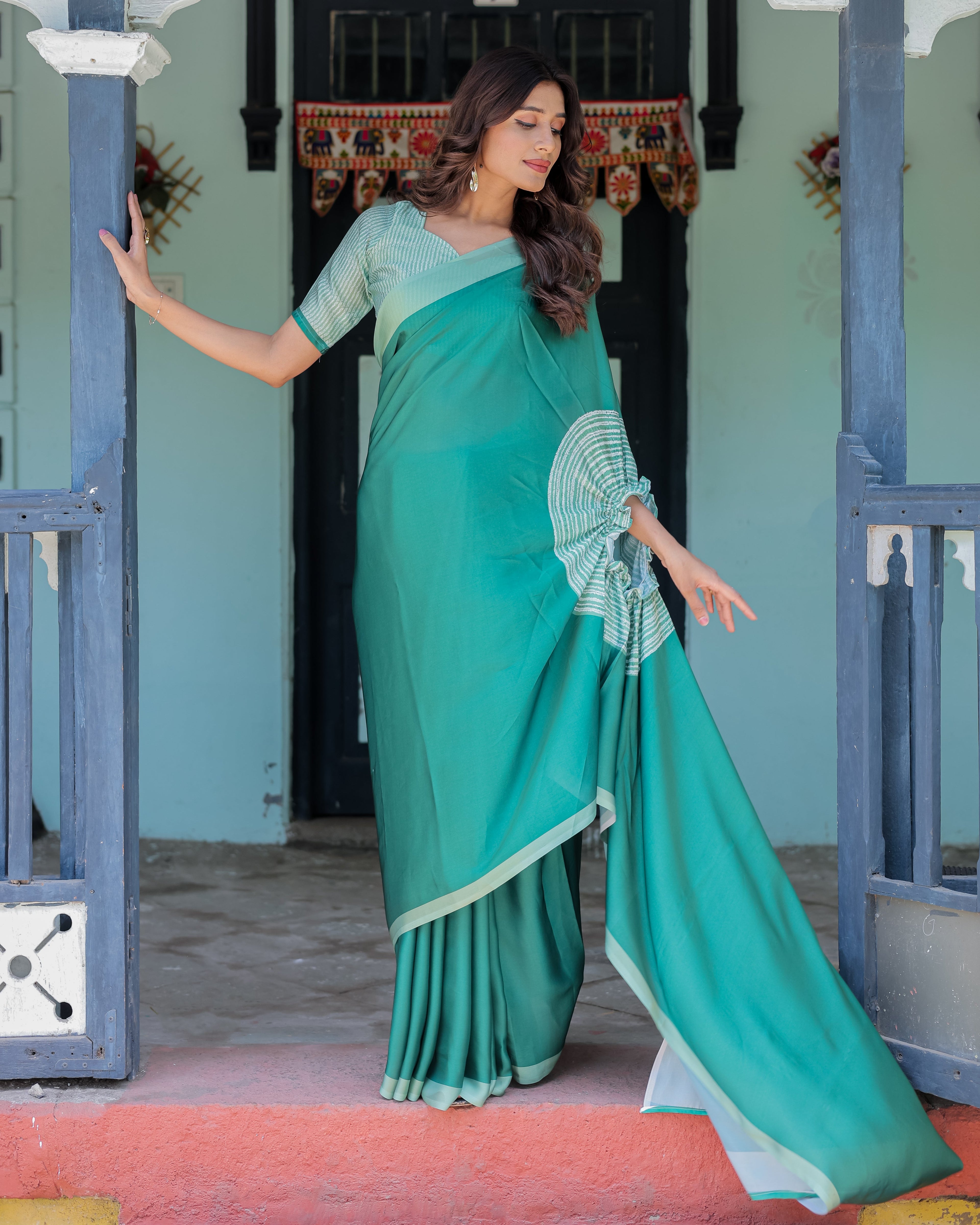 Emerald Green Satin Georgette Designer Saree with Striped Mandala Detail & Mint Textured Blouse | Handsfree Pallu Loop