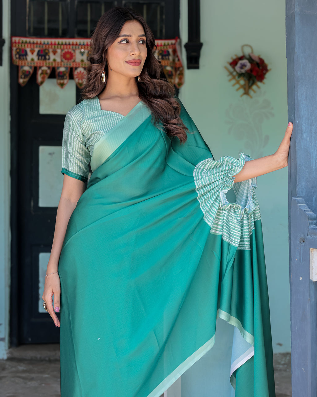Emerald Green Satin Georgette Designer Saree with Striped Mandala Detail & Mint Textured Blouse | Handsfree Pallu Loop